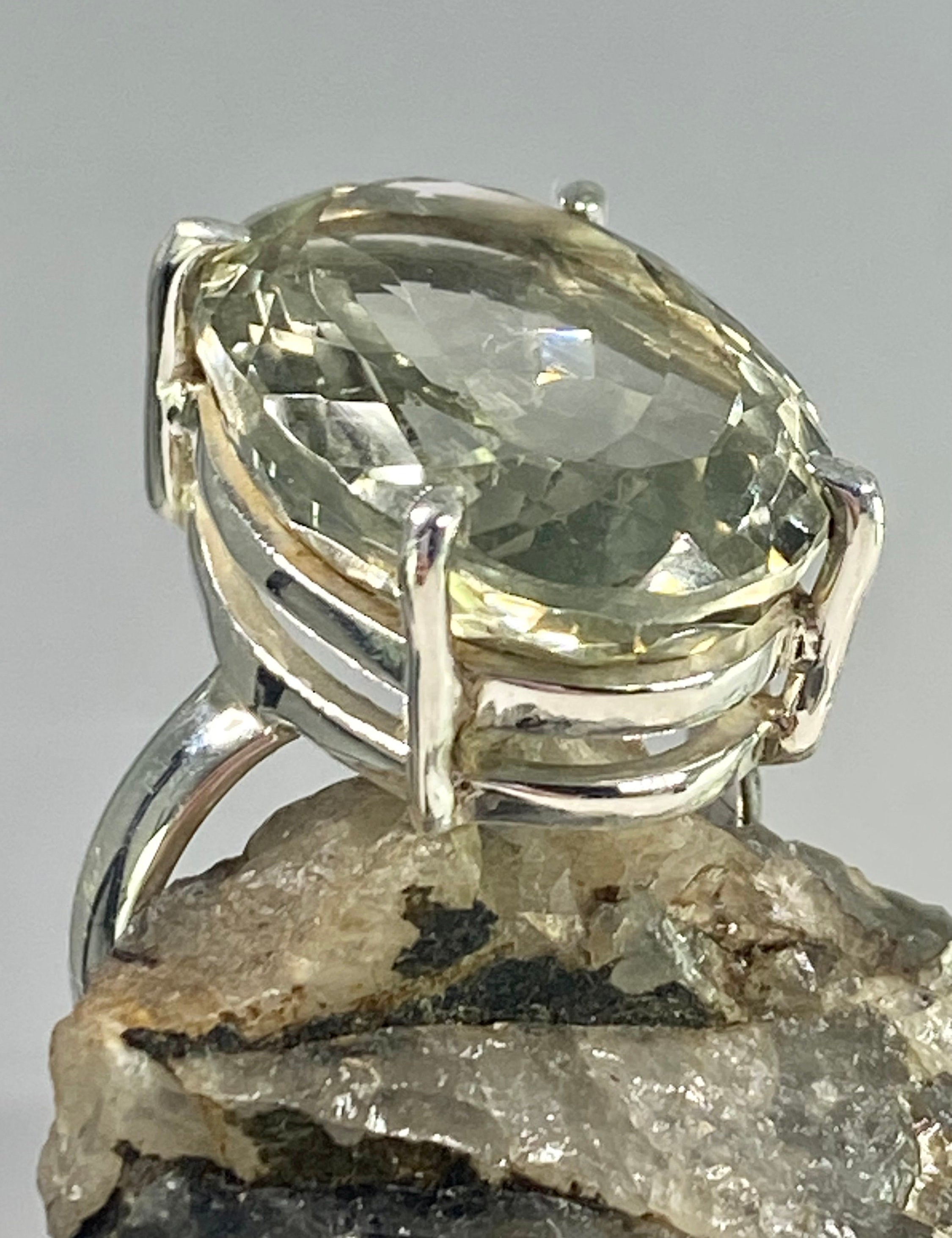 A Large Green Amethyst (Prasiolite ) and Silver Ring.