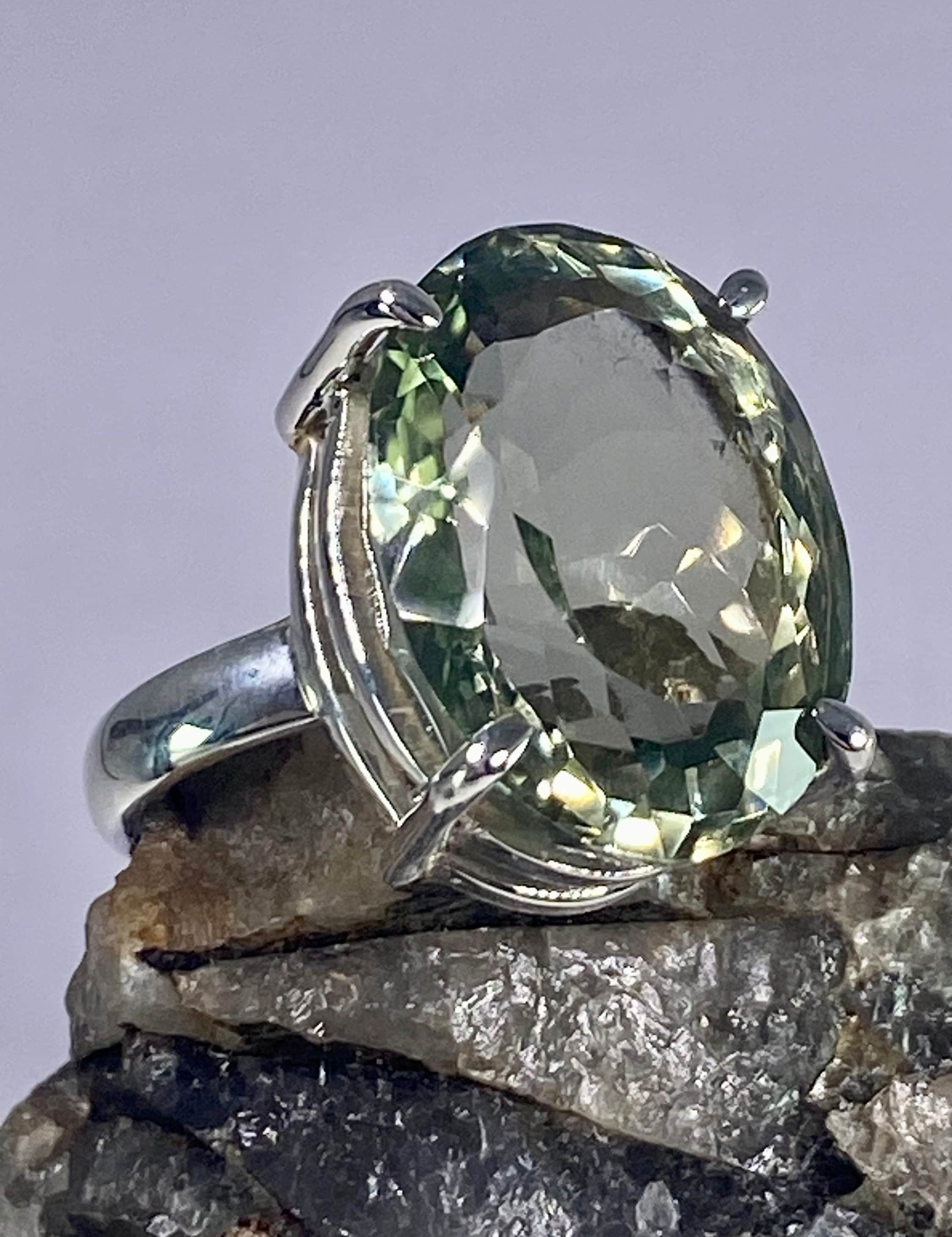 A Large Green Amethyst (Prasiolite ) and Silver Ring.