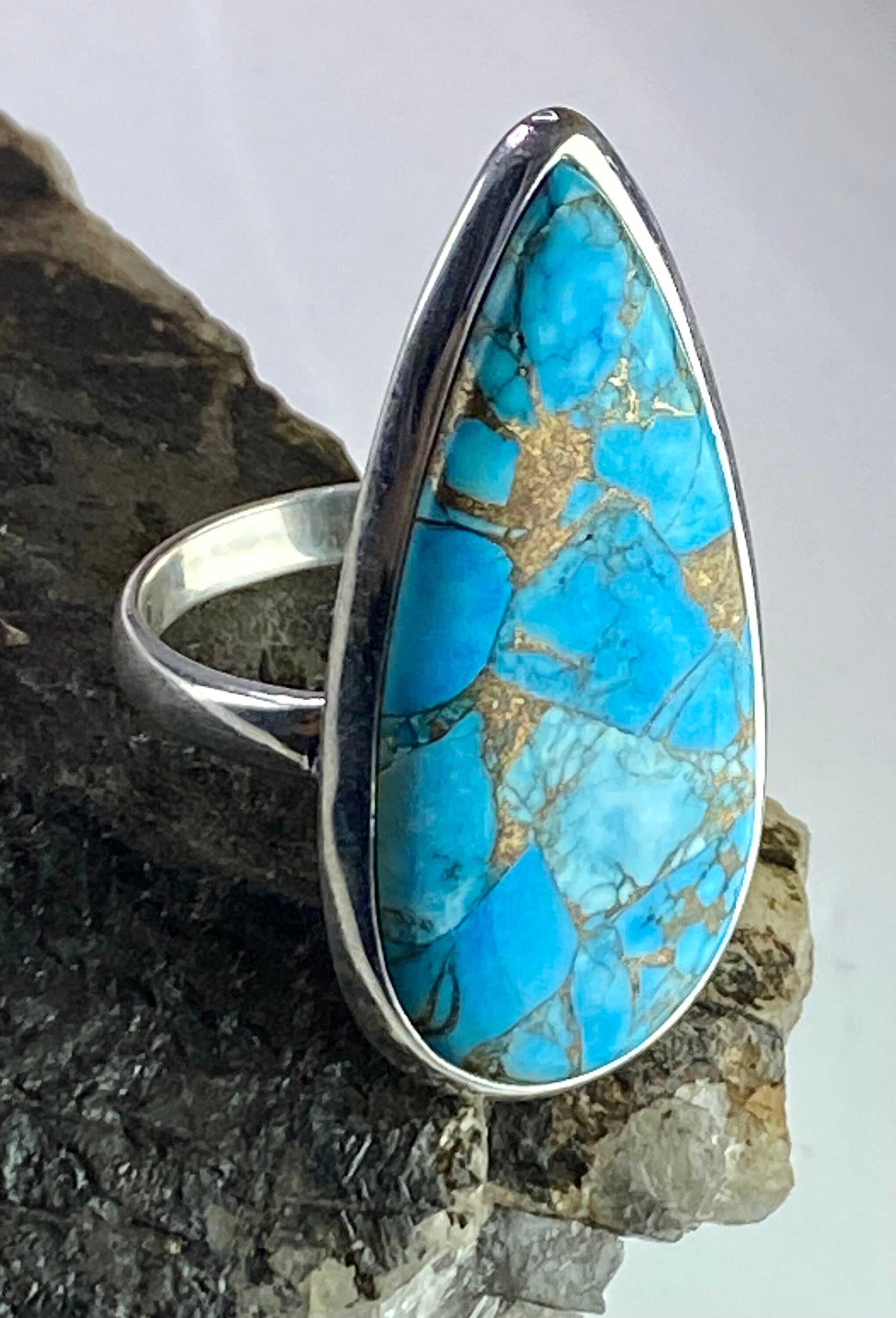 Blue Copper Turquoise and Silver Ring (M09)