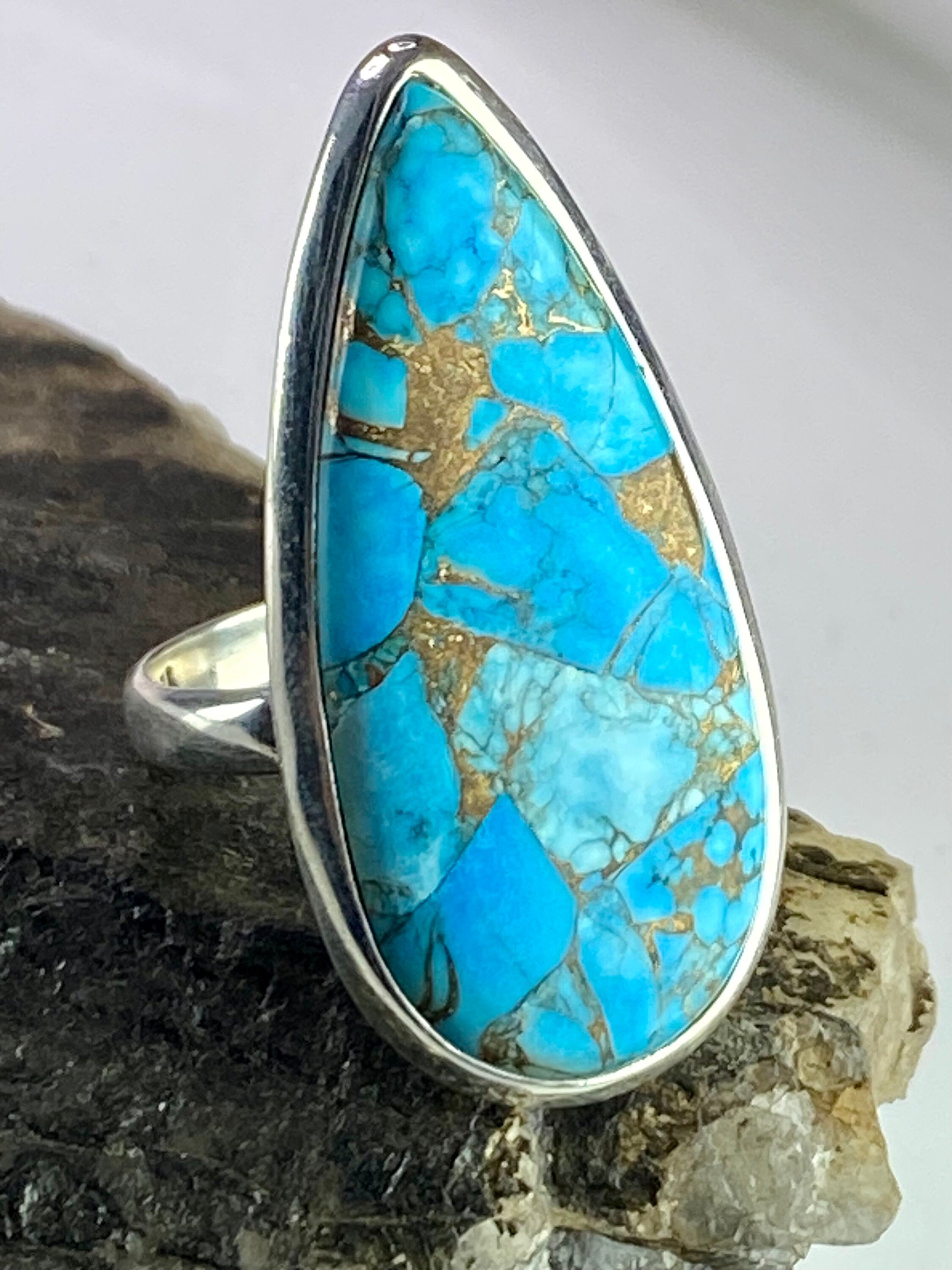 Blue Copper Turquoise and Silver Ring (M09)