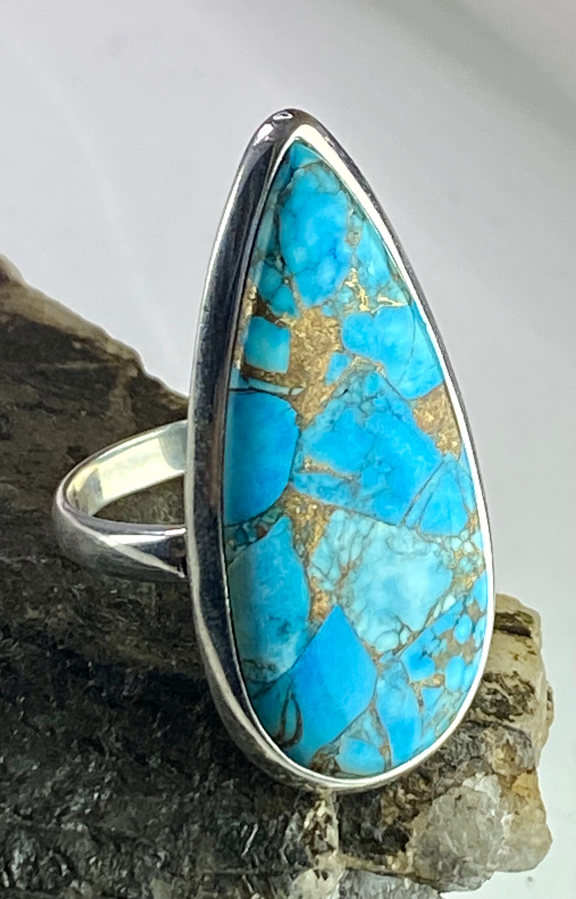 Blue Copper Turquoise and Silver Ring (M09)