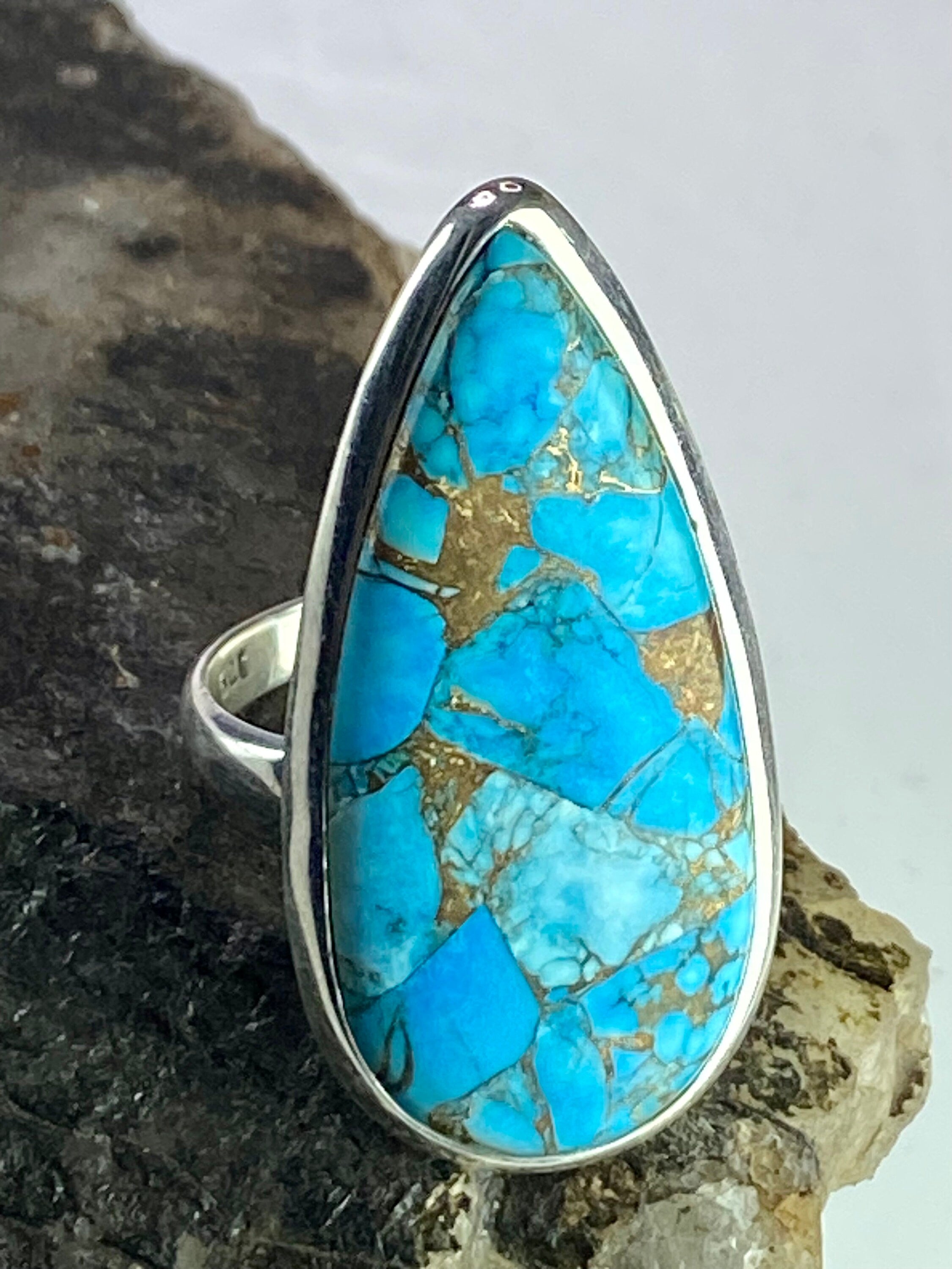 Blue Copper Turquoise and Silver Ring (M09)