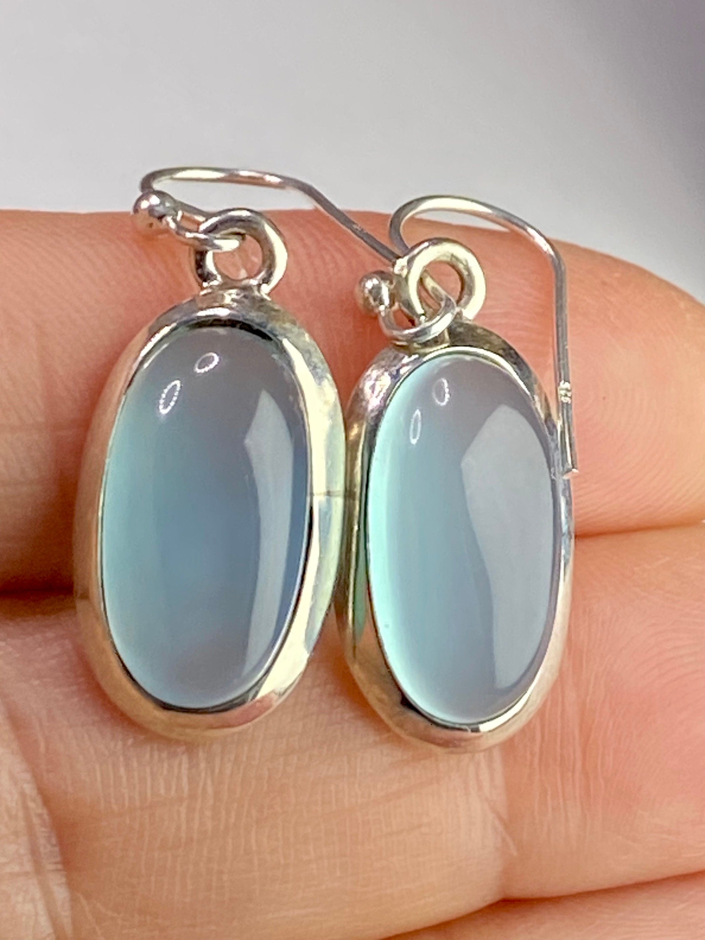 Dainty Aquamarine Dangle Earrings, Oval 19mm x 11mm, Sterling Silver, Handmade UK gift