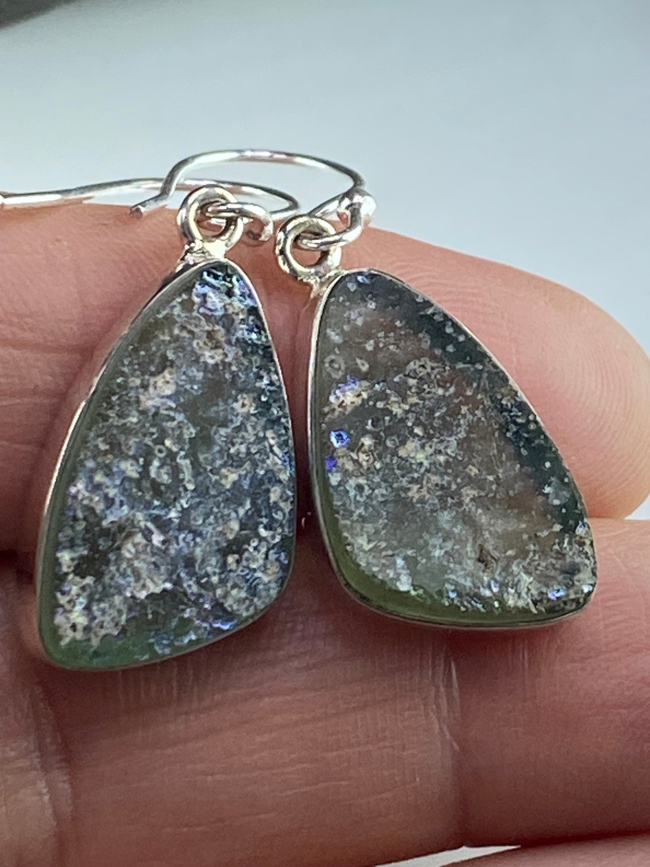 Ancient Roman Glass Dangle Earrings, 20mm x 13mm Pear Cut Sterling Silver, Handmade UK