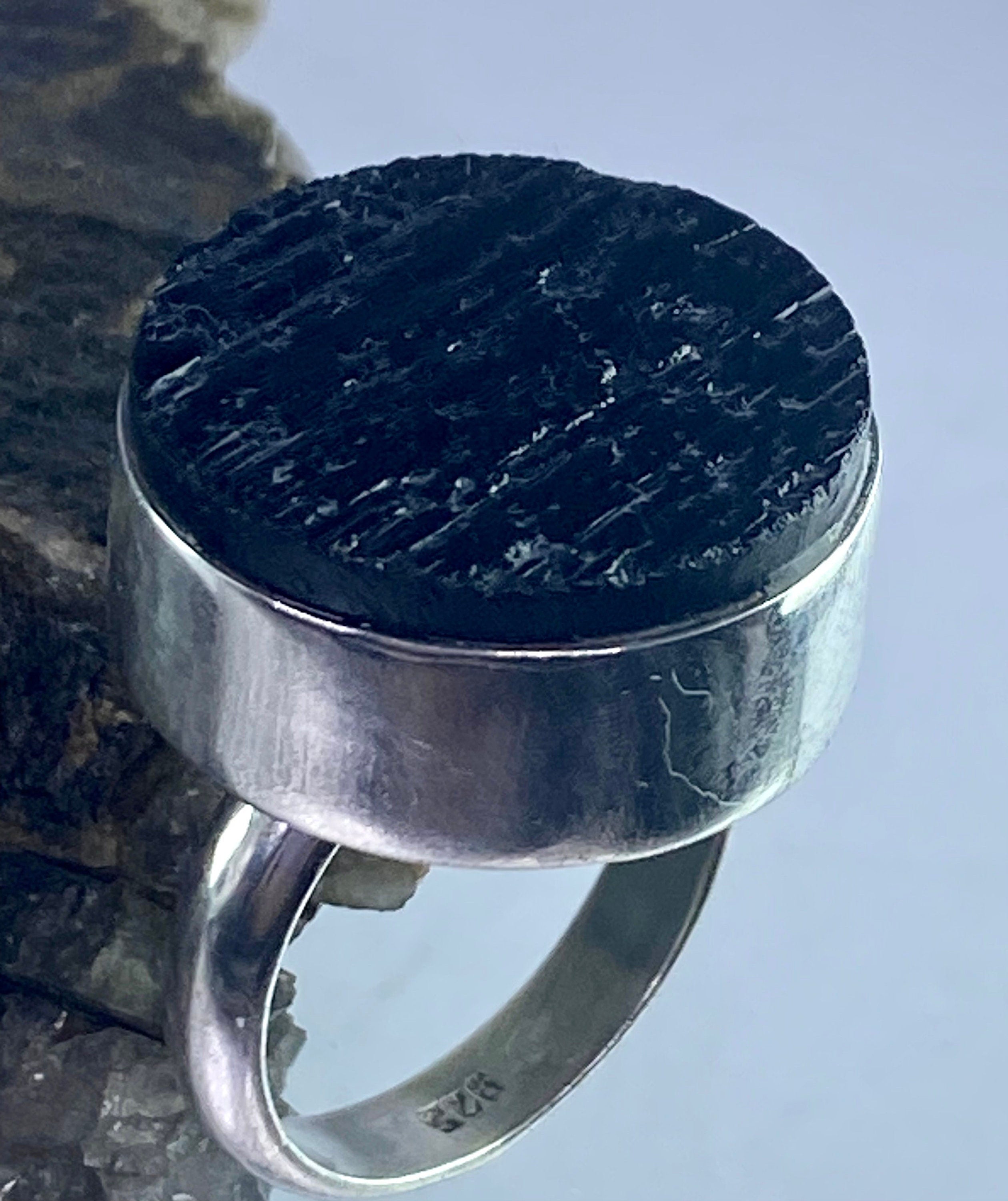 Natural Raw Black Tourmaline and Silver Ring(F)