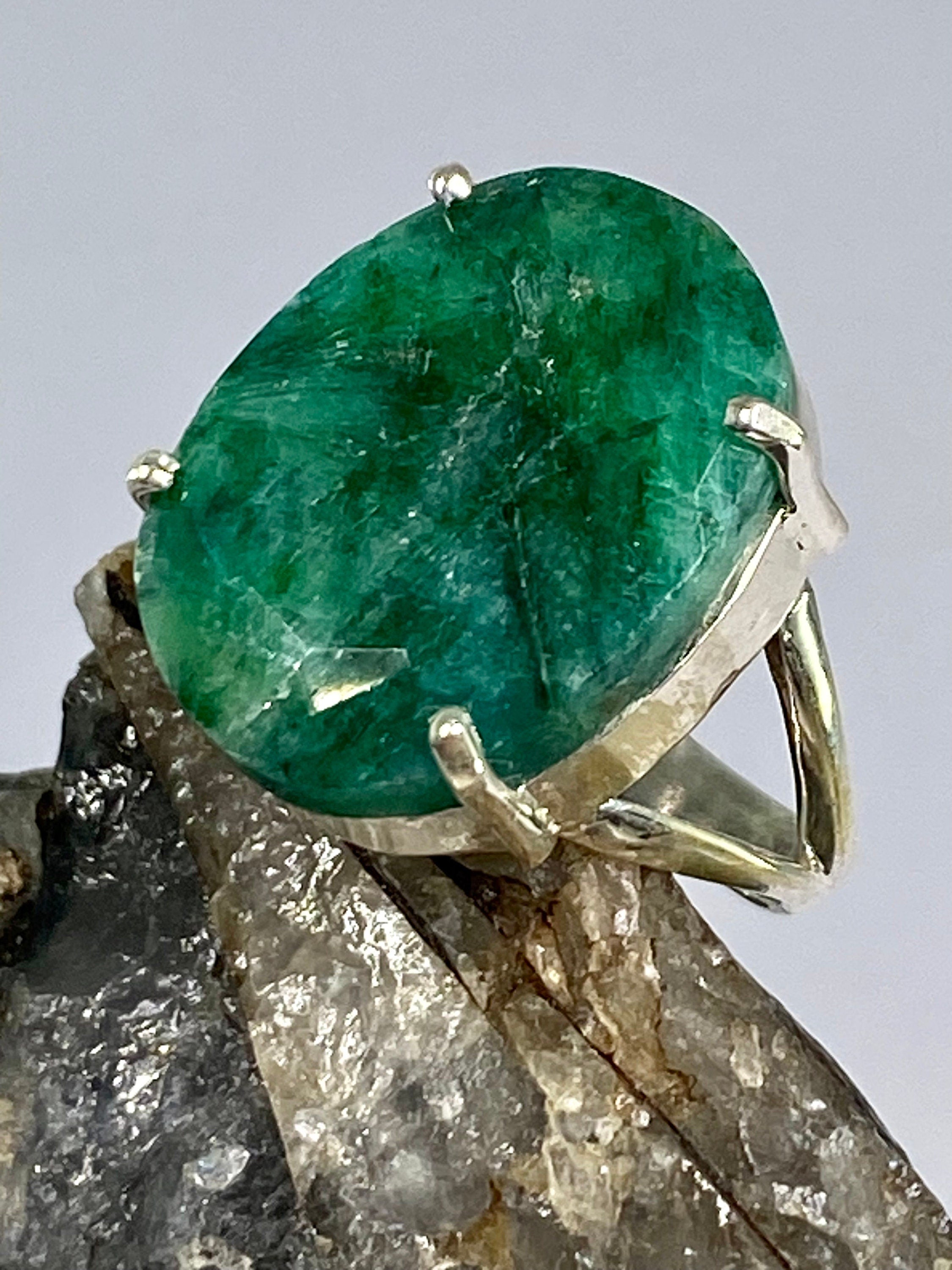 Raw Emerald and Sterling Silver Ring (AAA)