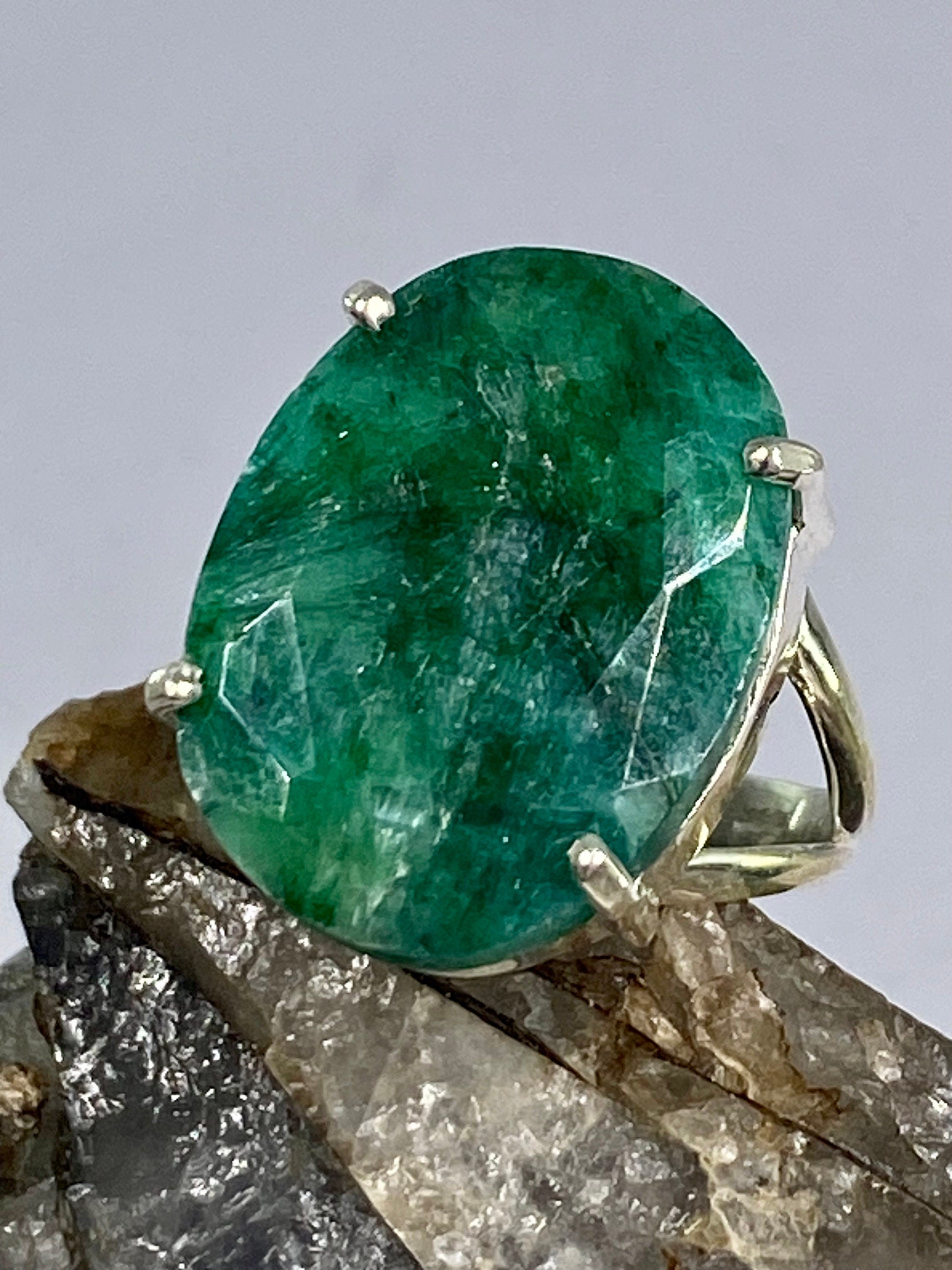 Raw Emerald and Sterling Silver Ring (AAA)