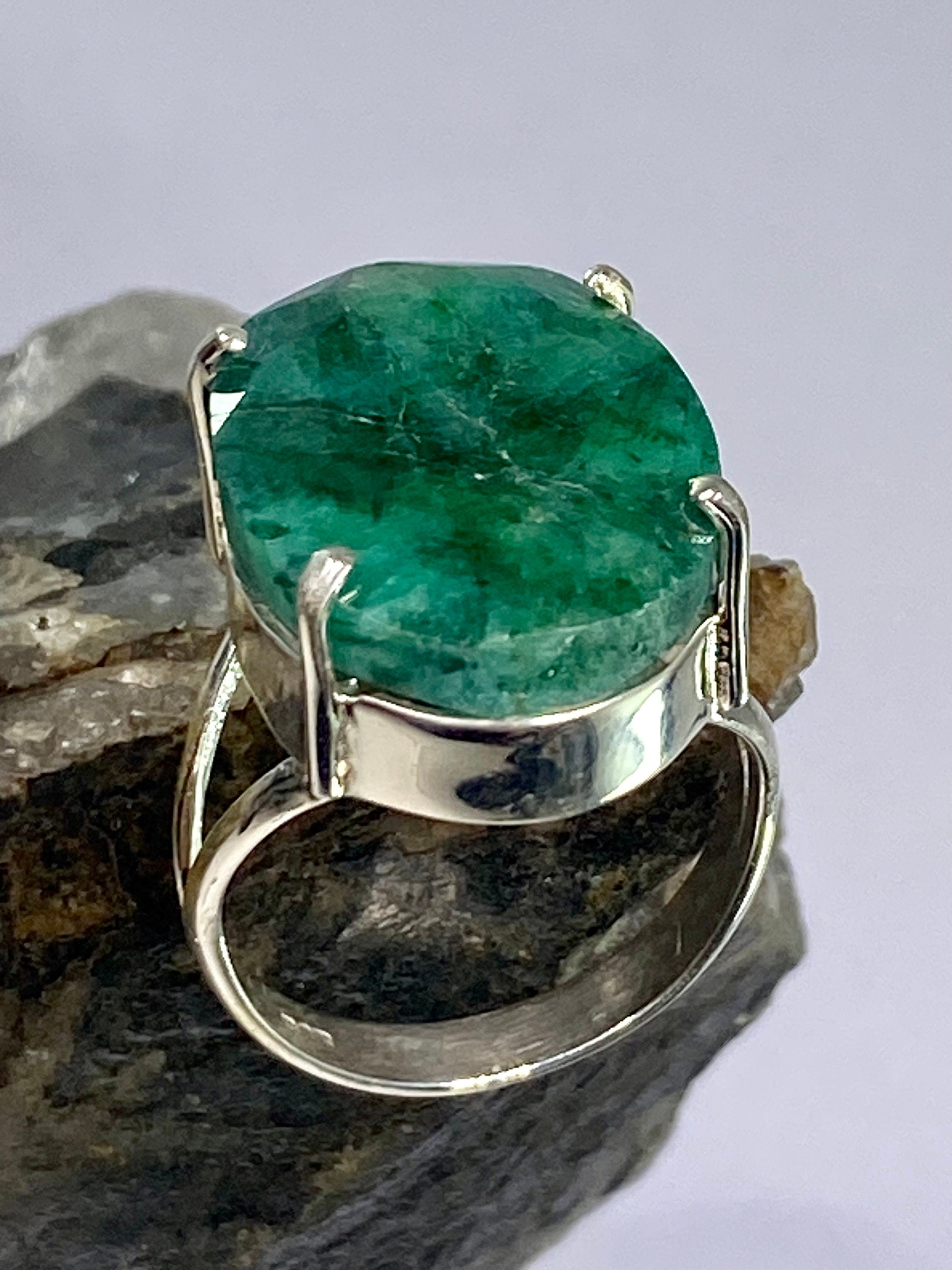 Raw Emerald and Sterling Silver Ring (AAA)