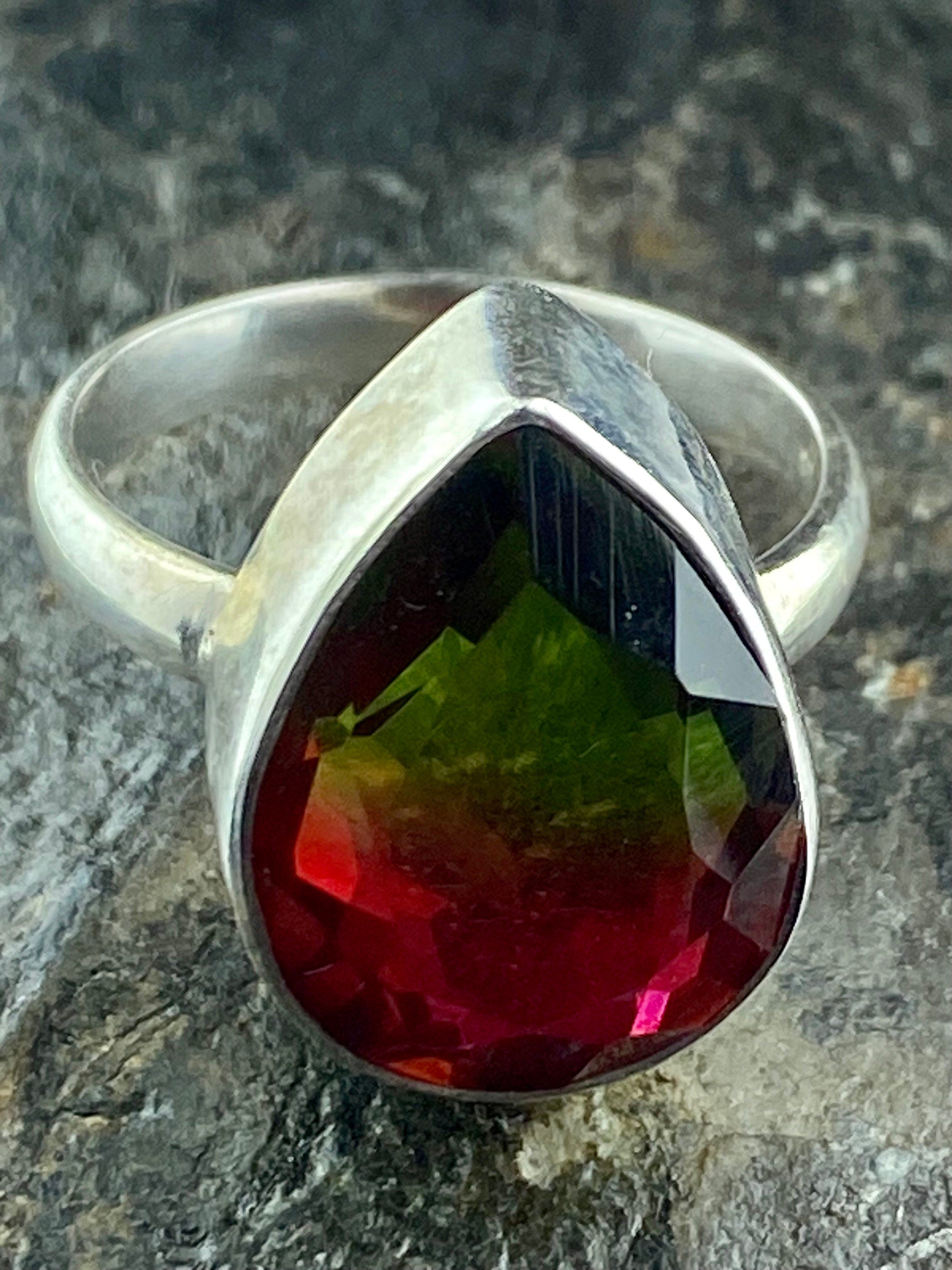 Watermelon Tourmaline Silver Teardrop Ring