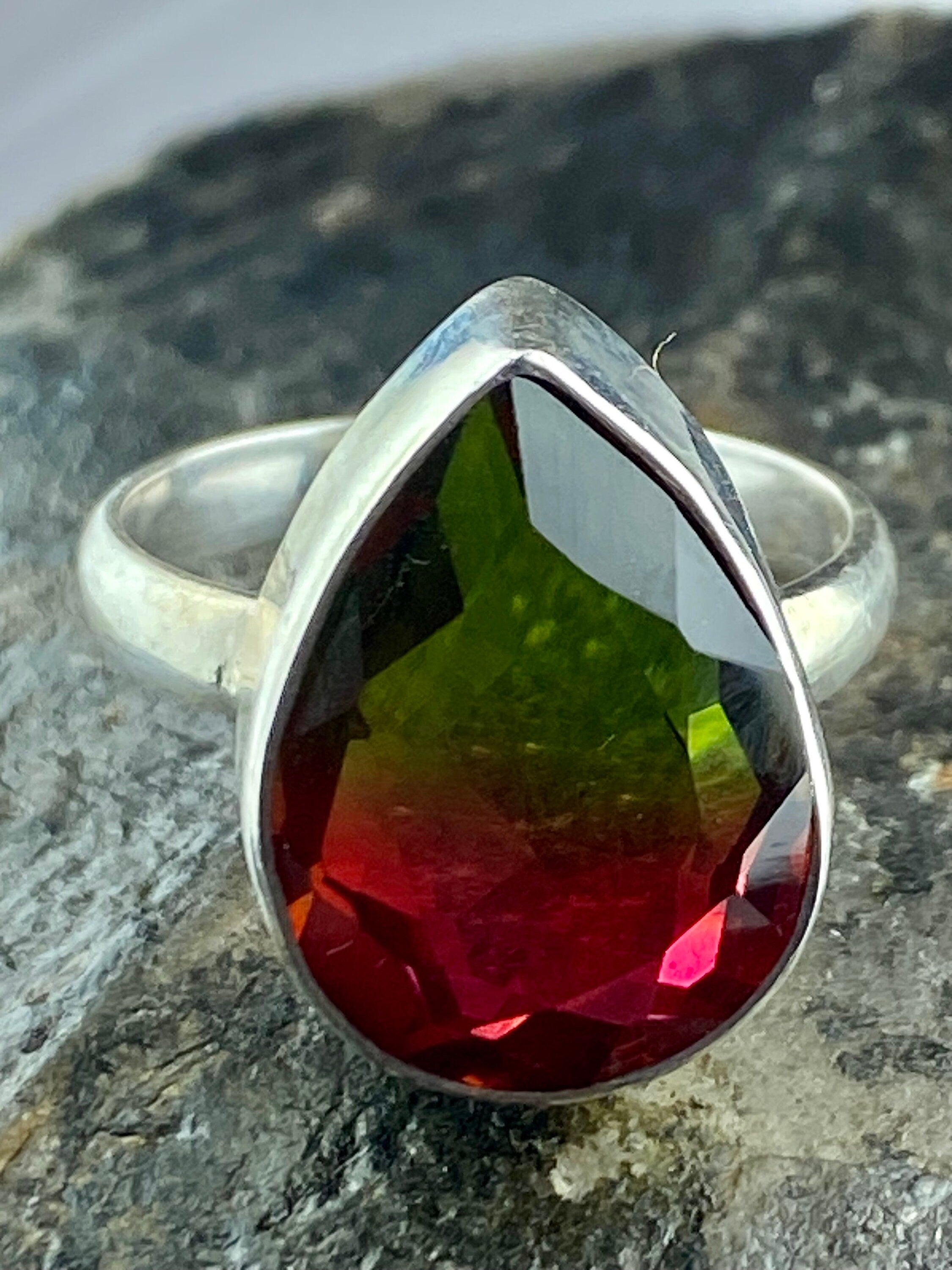 Watermelon Tourmaline Silver Teardrop Ring