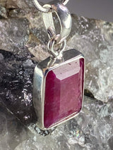 Raw Ruby Silver Baguette Pendant