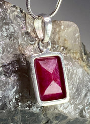 Raw Ruby Silver Baguette Pendant