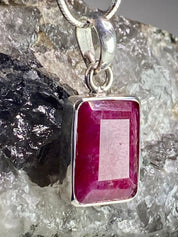 Raw Ruby Silver Baguette Pendant