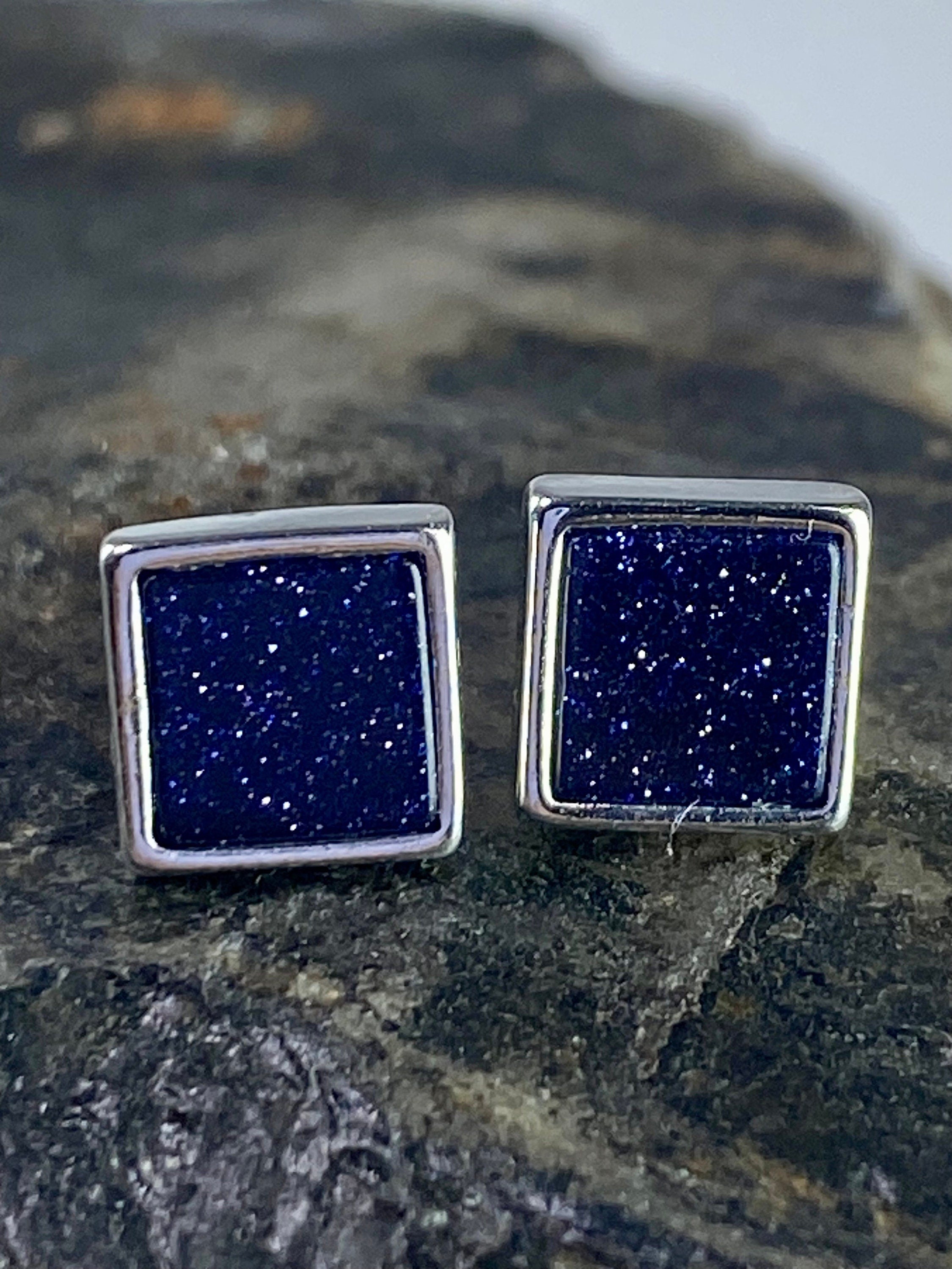 Navy Blue Goldstone and Silver Studs