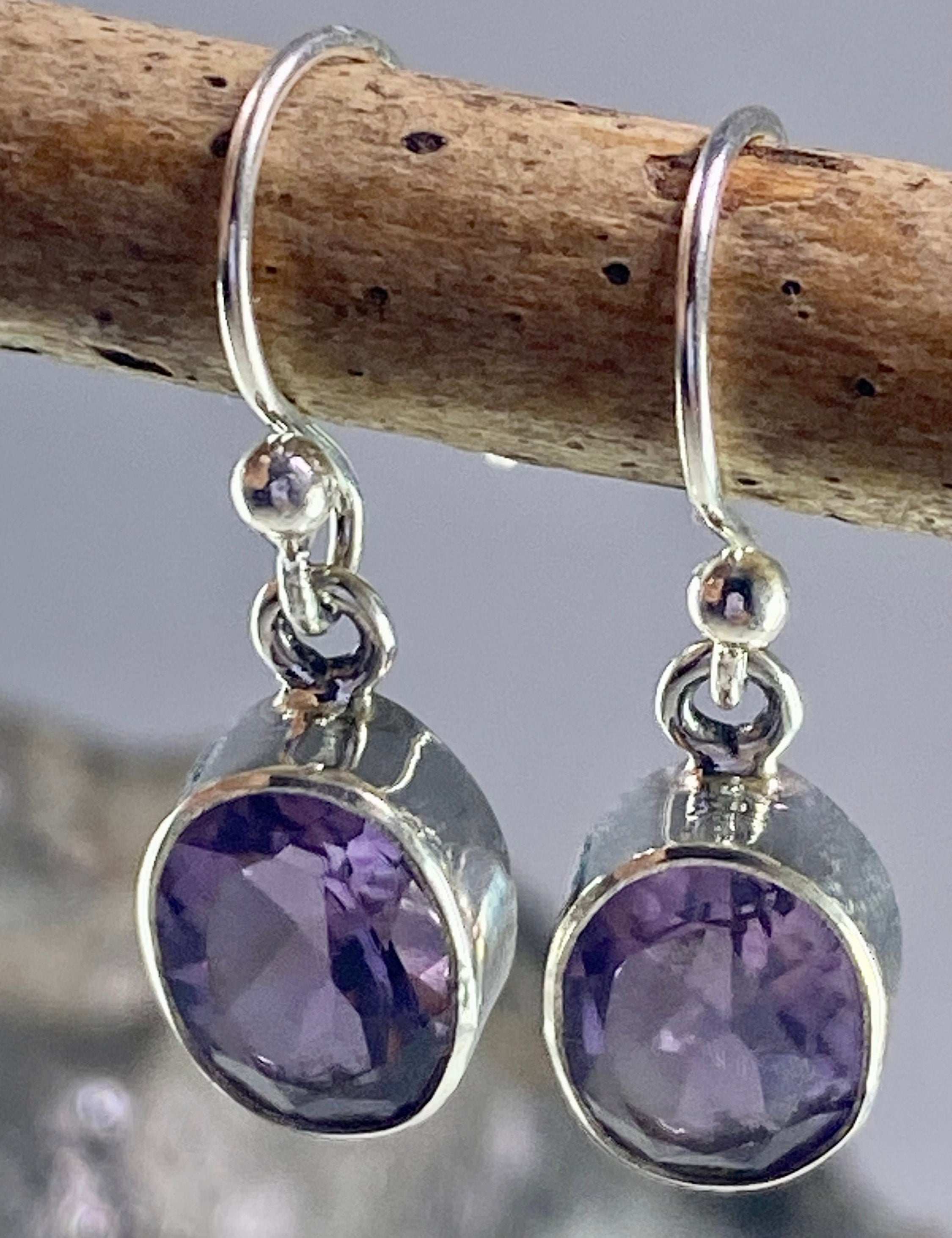 Purple Amethyst and Sterling Silver Drop Earrings (M096)