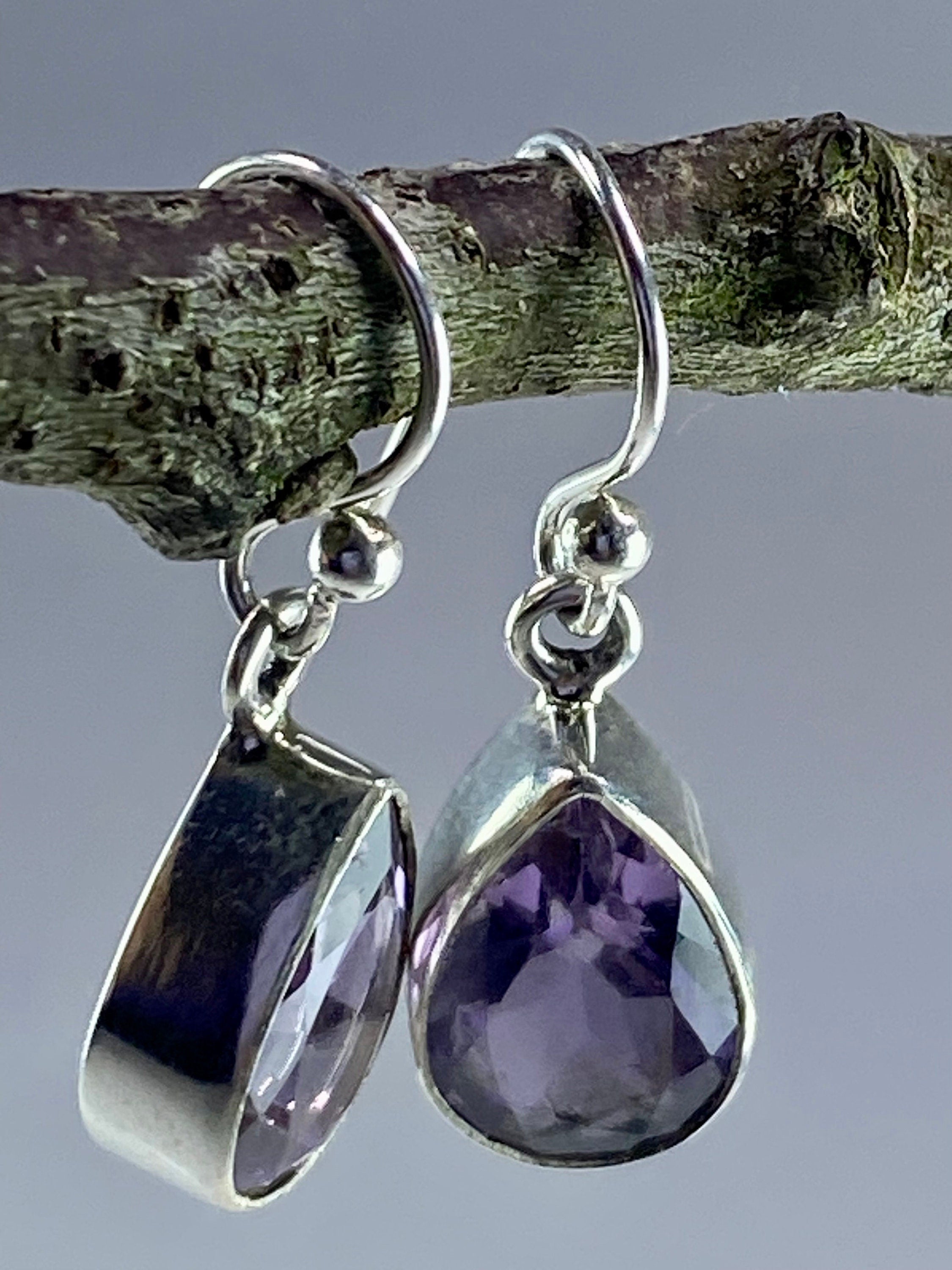 Purple Amethyst and Sterling Silver Drop Earrings (M097)