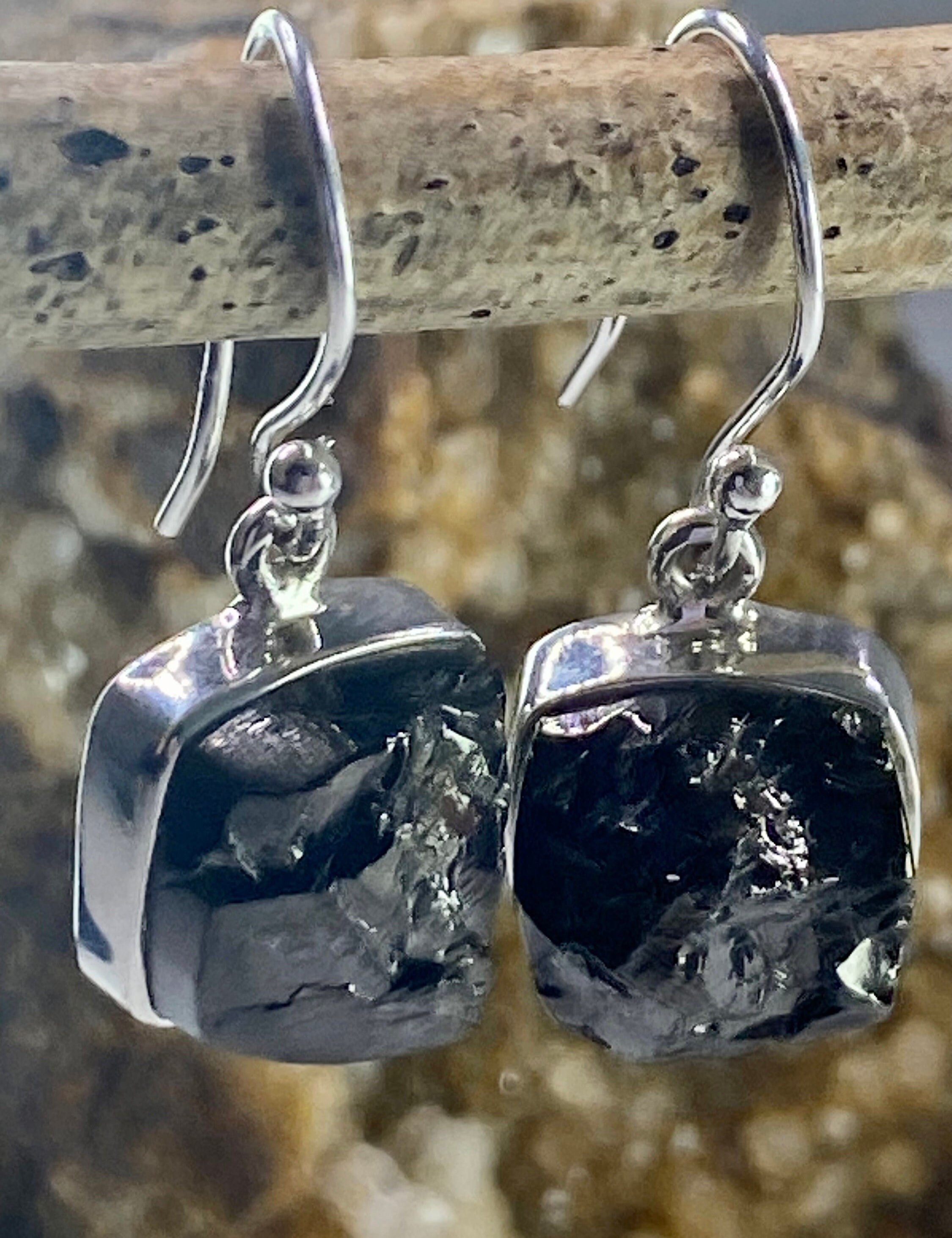 Shungite Dangly Sterling Silver Earrings (UV775)