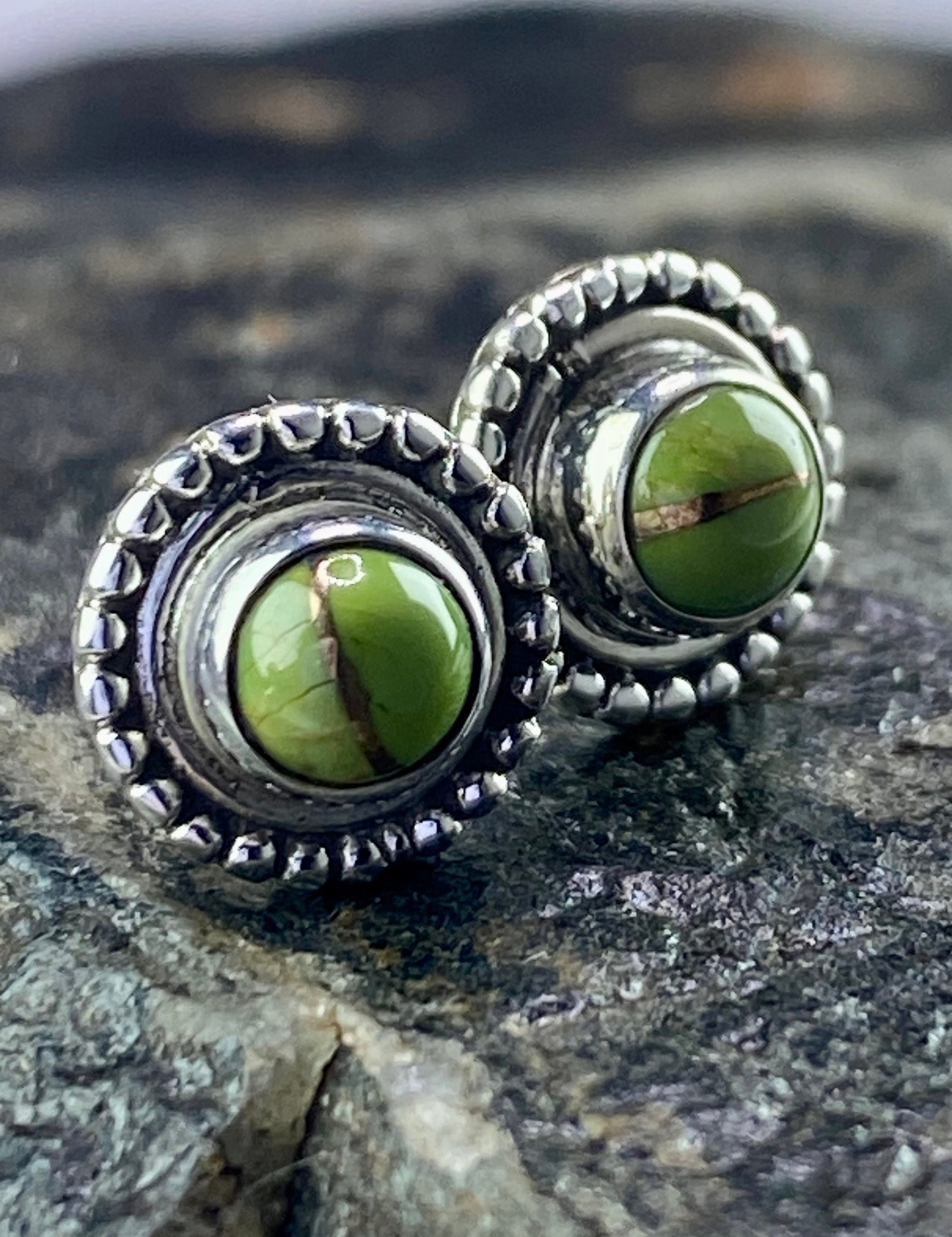 Green Copper Turquoise and Silver Stud Earrings(UV222)