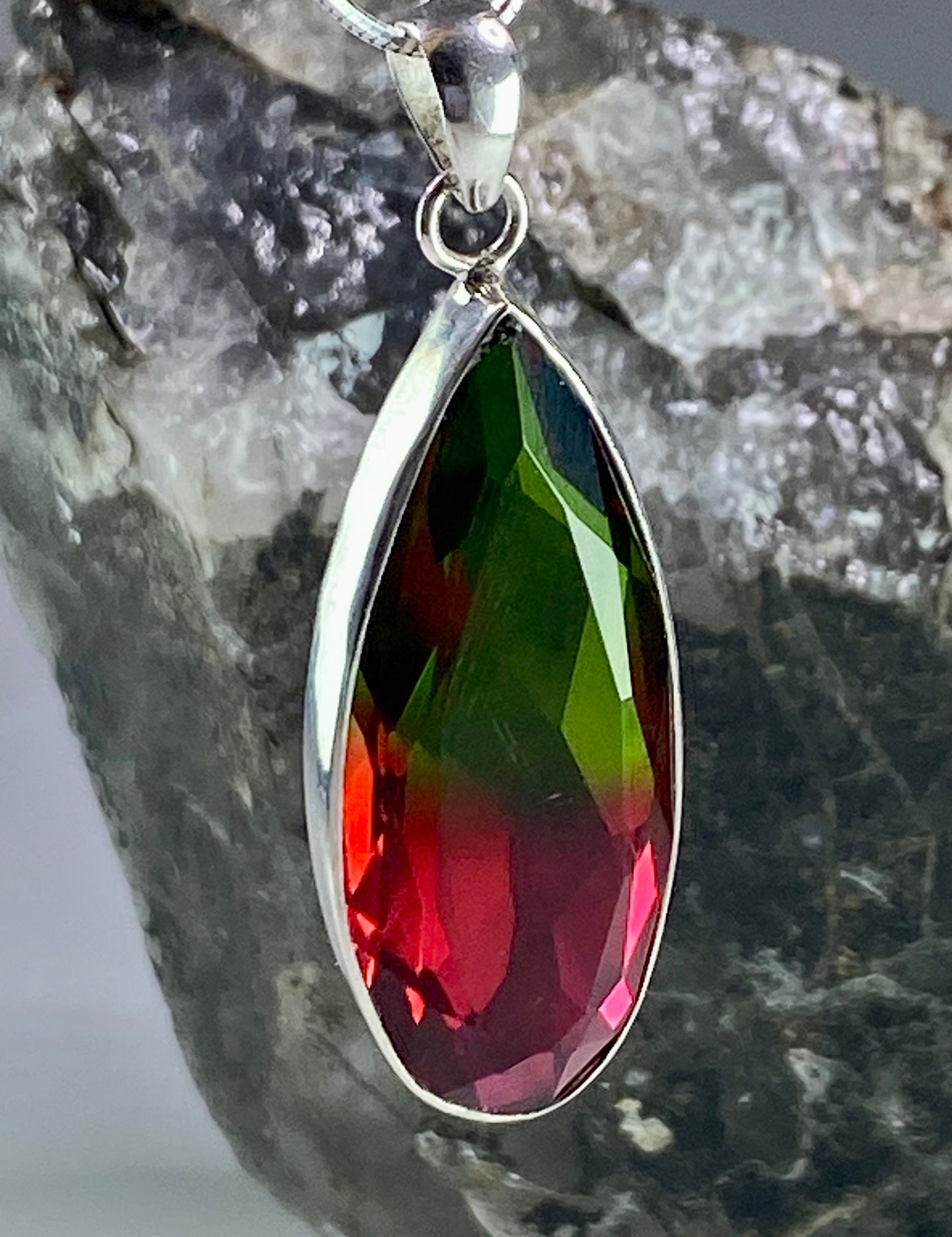 Watermelon Tourmaline Silver Teardrop Pendant (M2)