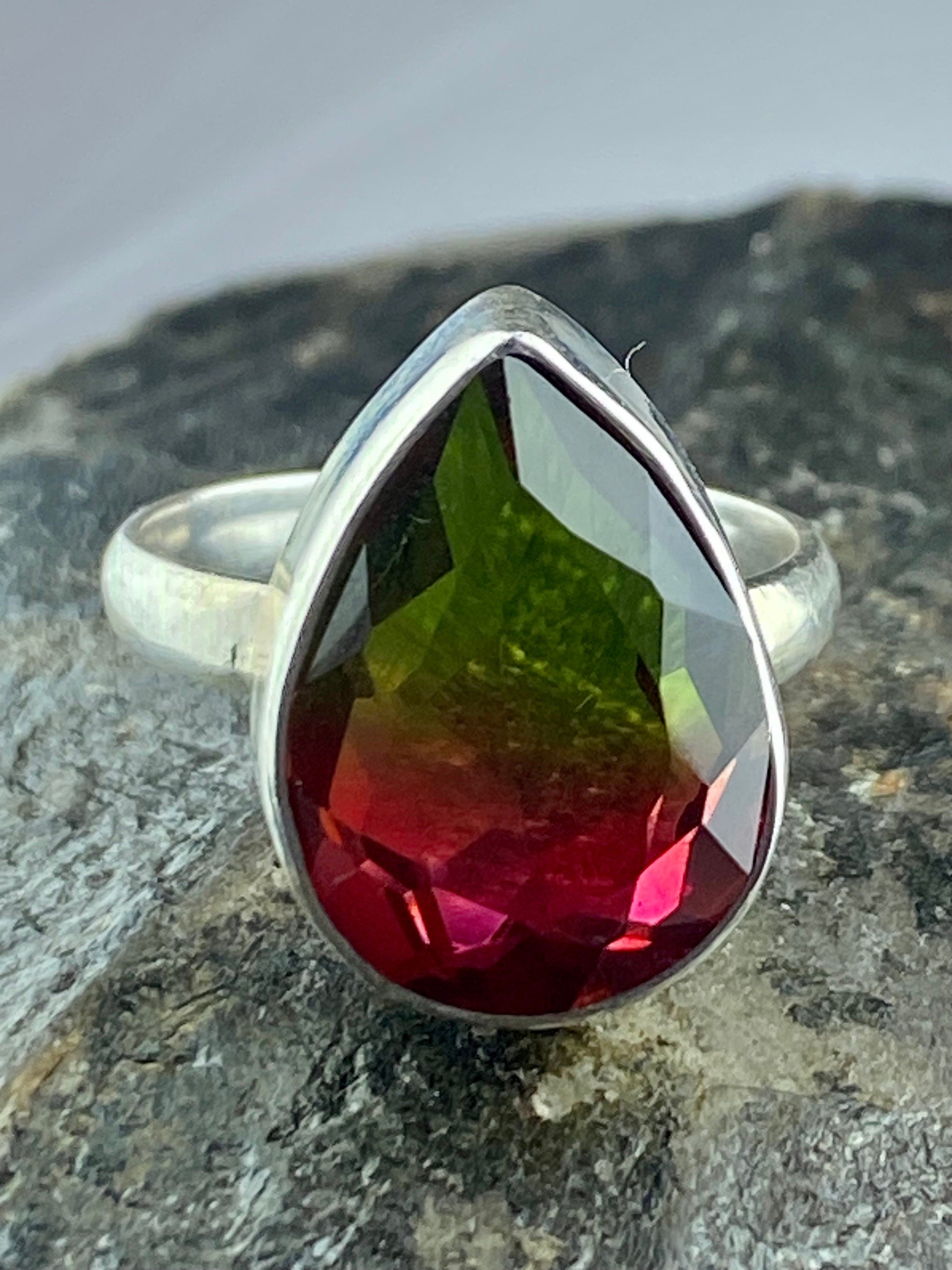 Watermelon Tourmaline Silver Teardrop Ring