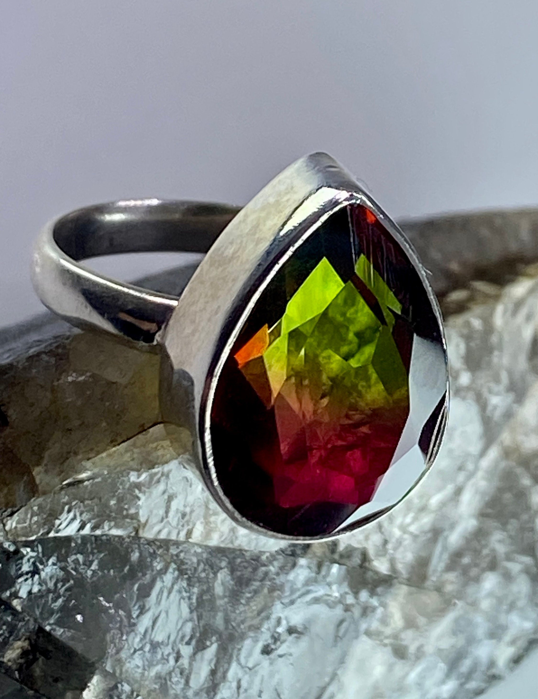 Watermelon Tourmaline Silver Teardrop Ring