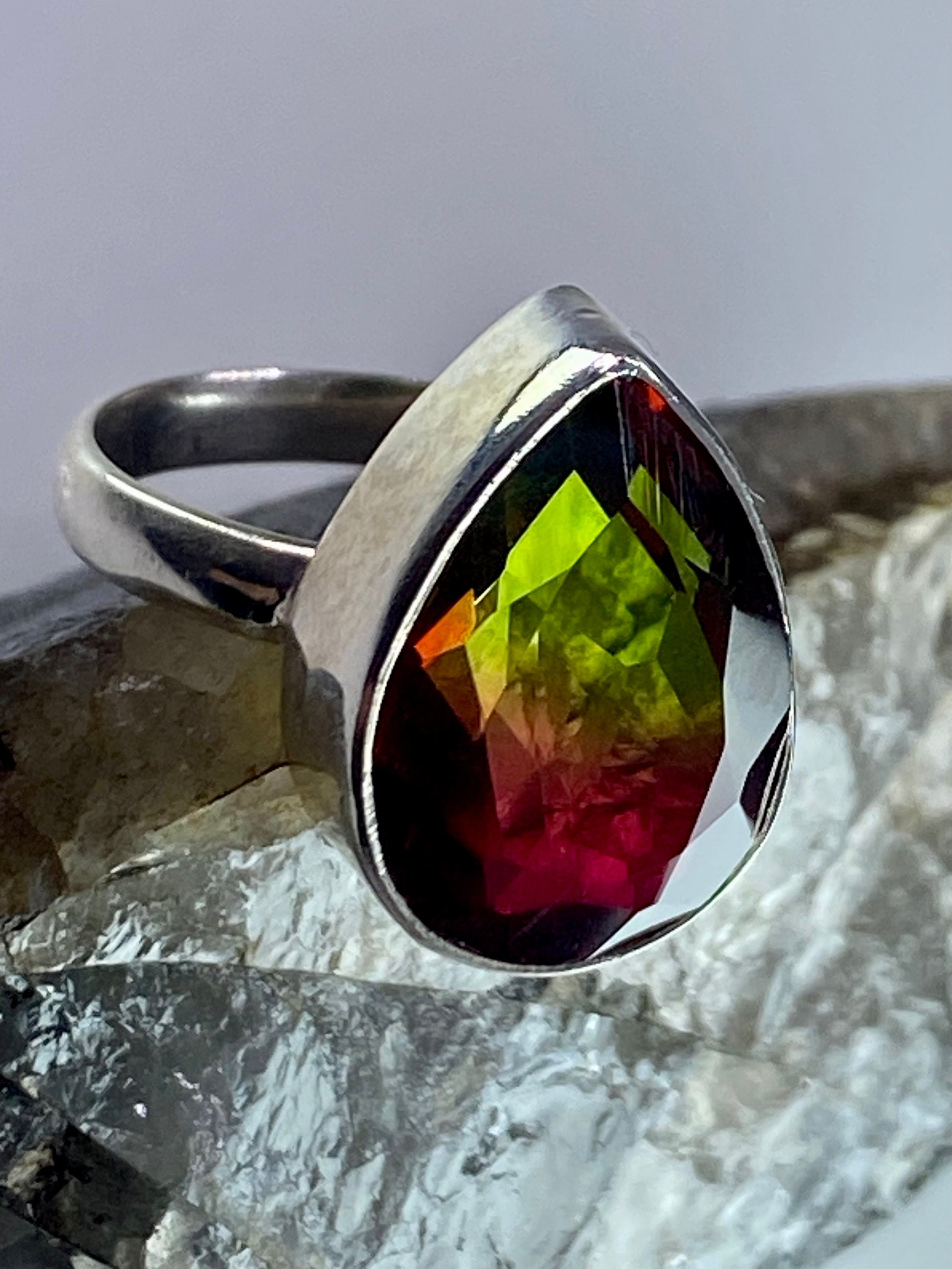 Watermelon Tourmaline Silver Teardrop Ring