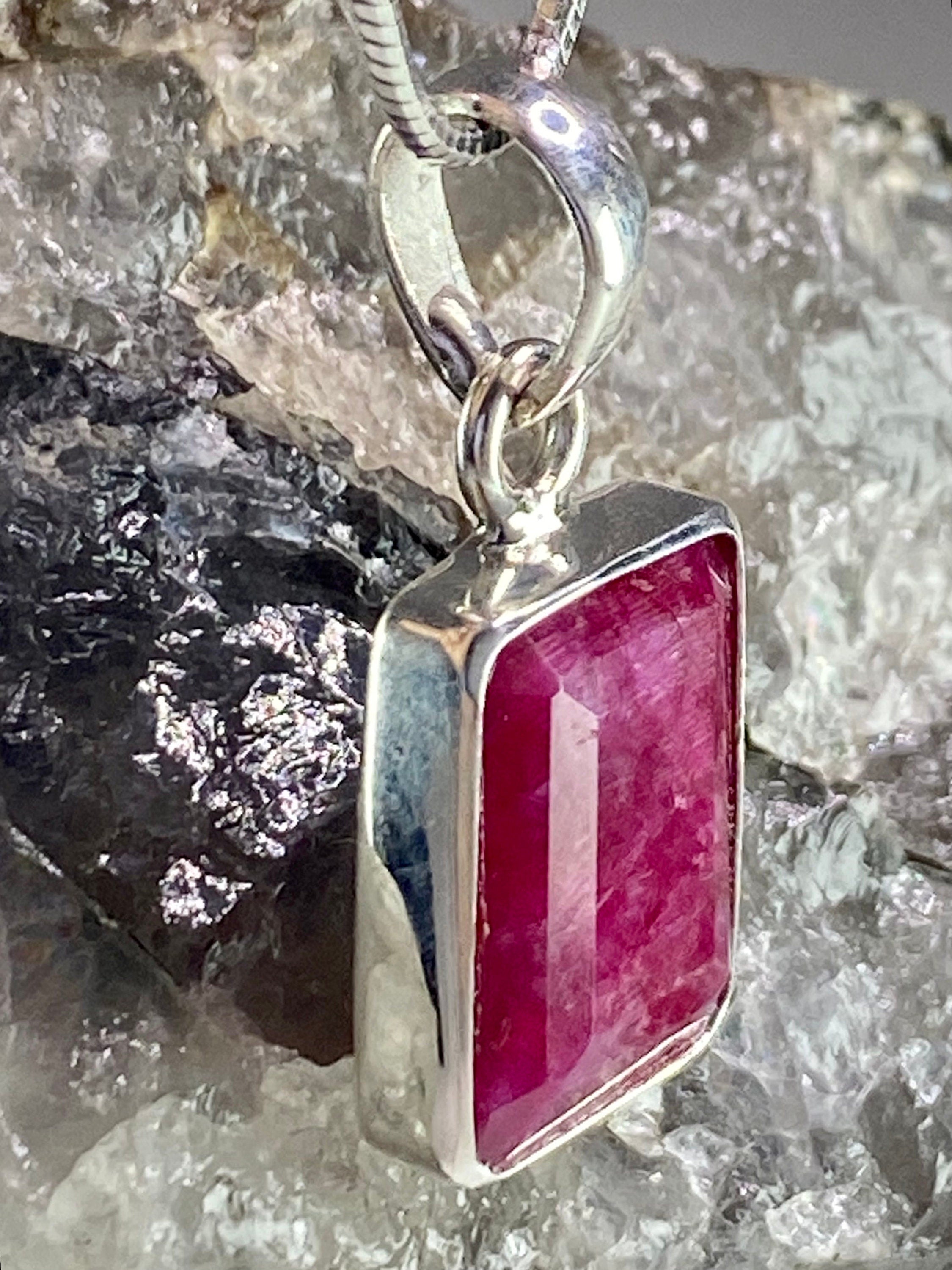 Raw Ruby Silver Baguette Pendant
