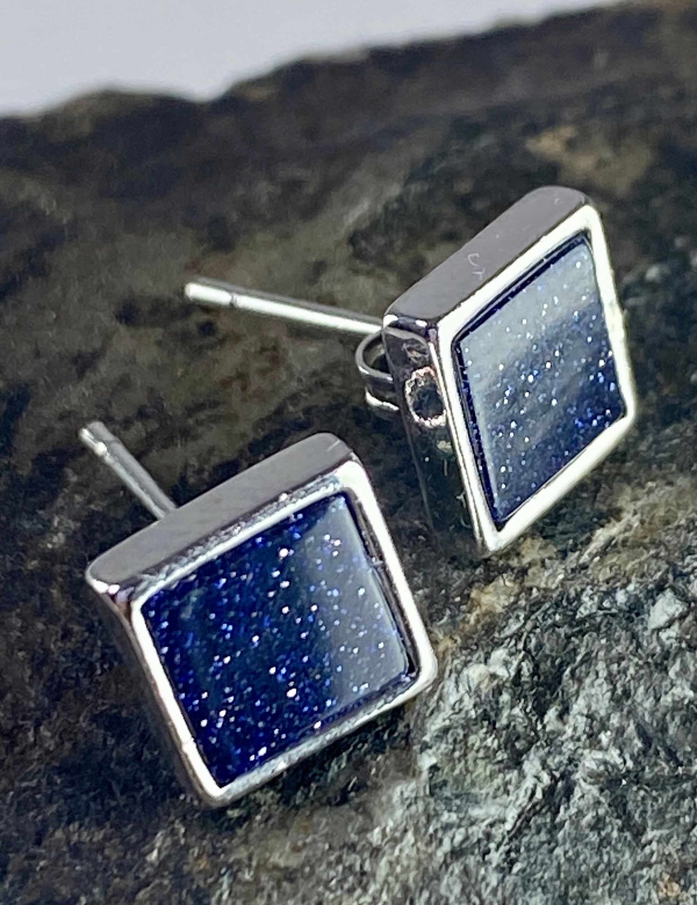 Navy Blue Goldstone and Silver Studs