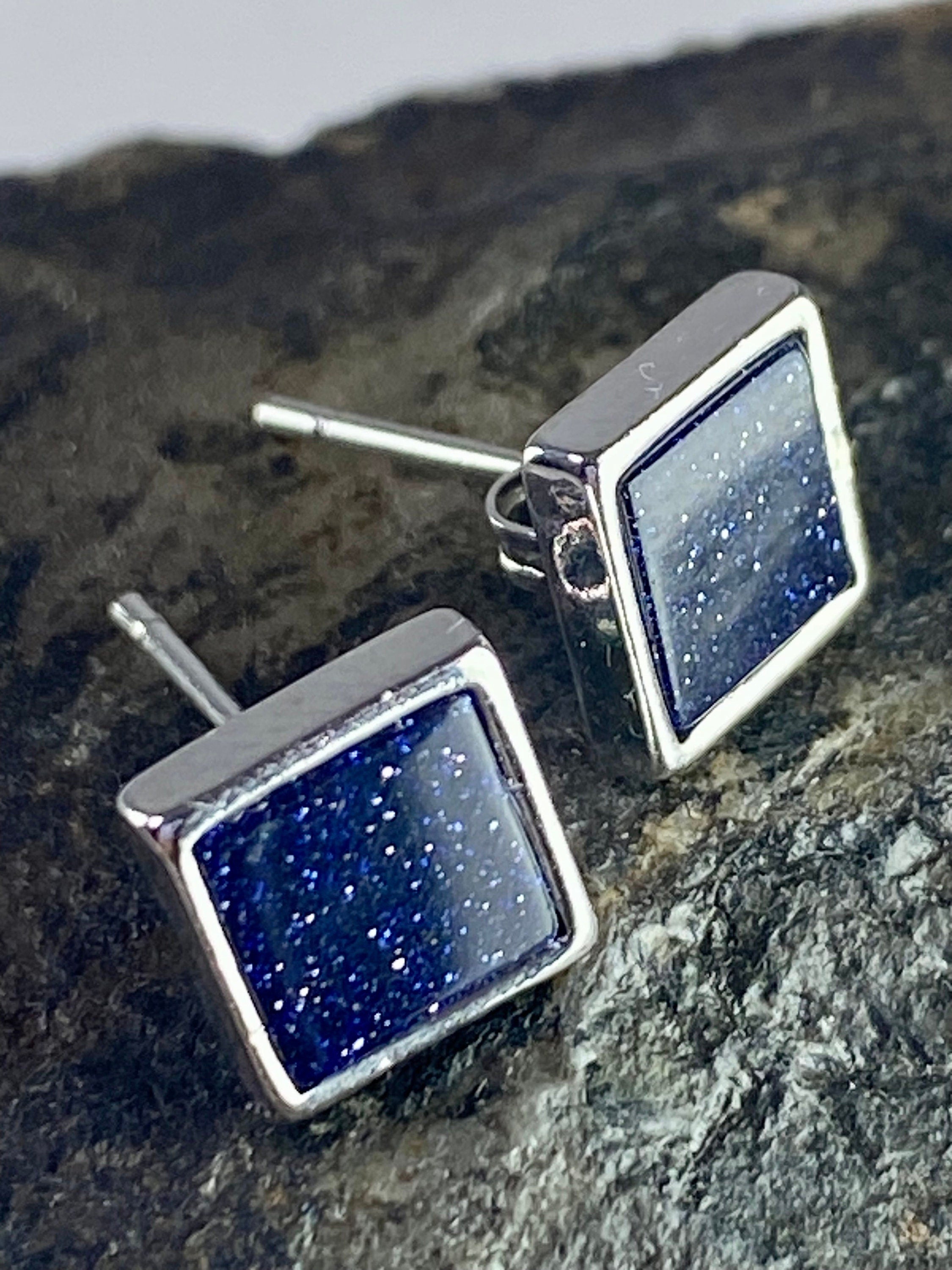 Navy Blue Goldstone and Silver Studs