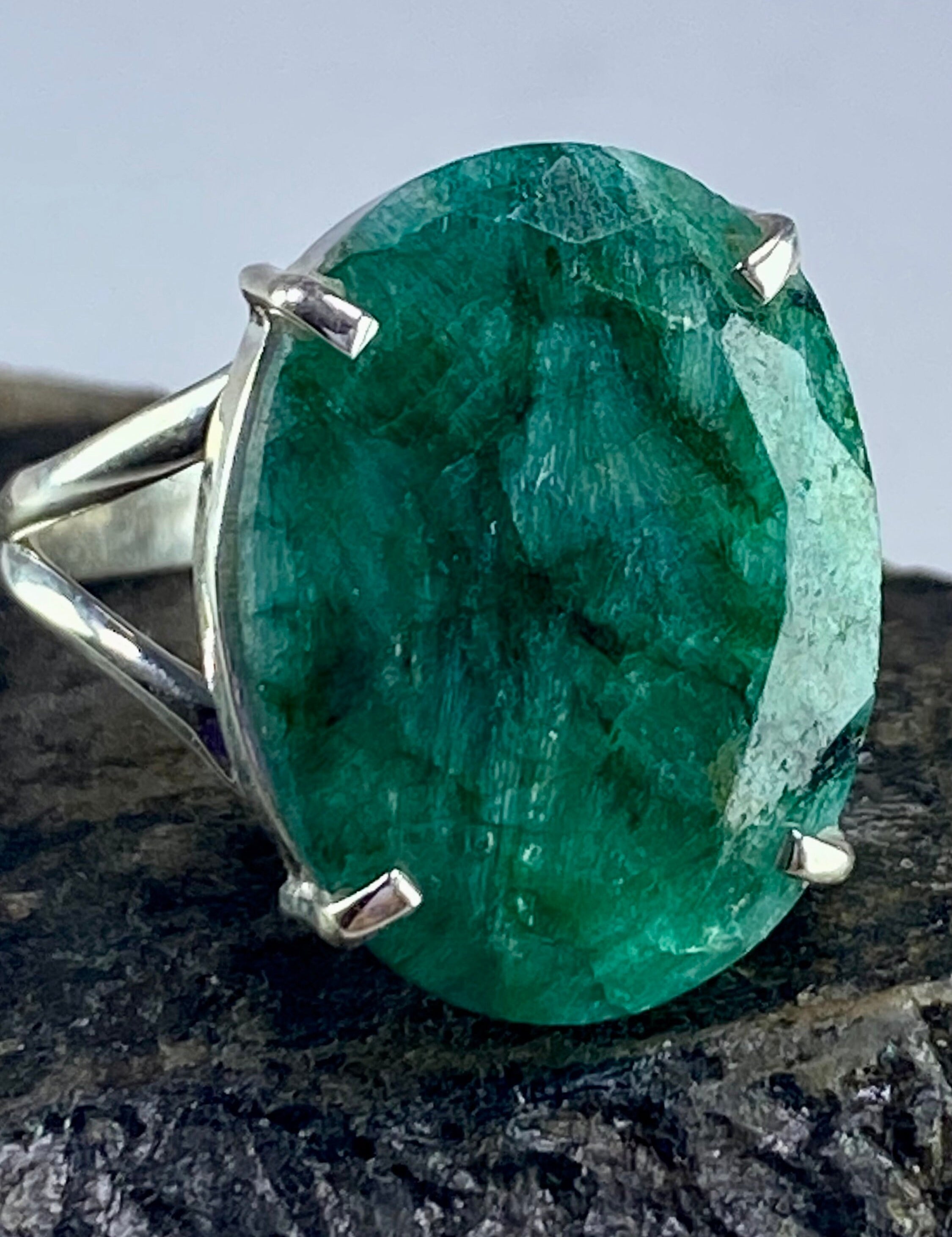 Raw Emerald and Silver Ring (AA)