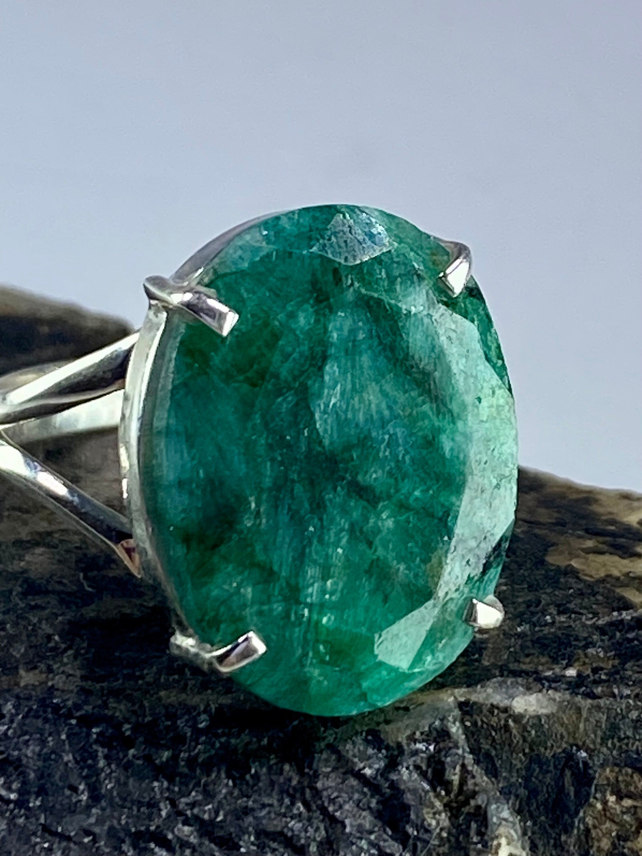 Raw Emerald and Silver Ring (AA)