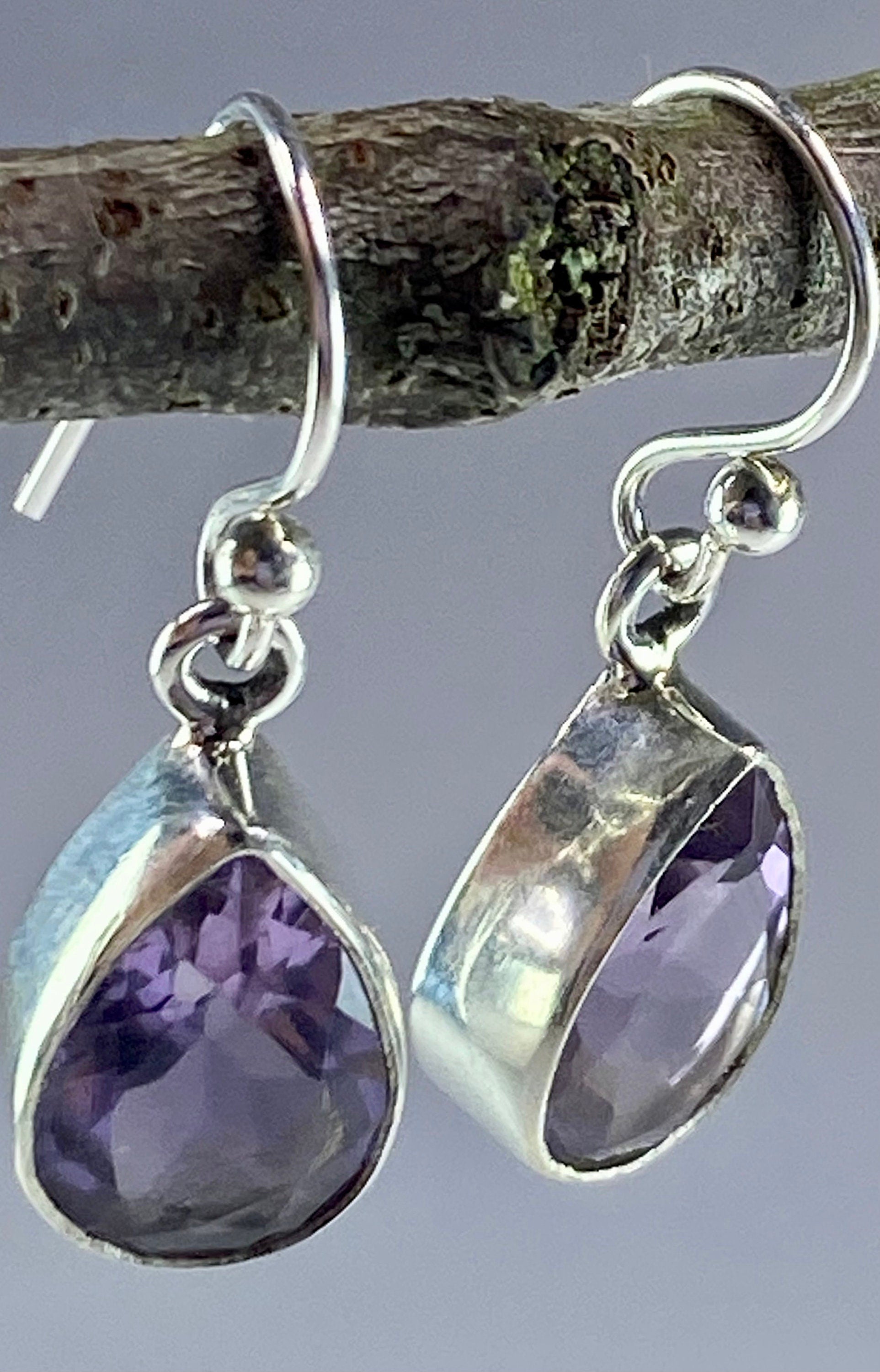 Purple Amethyst and Sterling Silver Drop Earrings (M097)