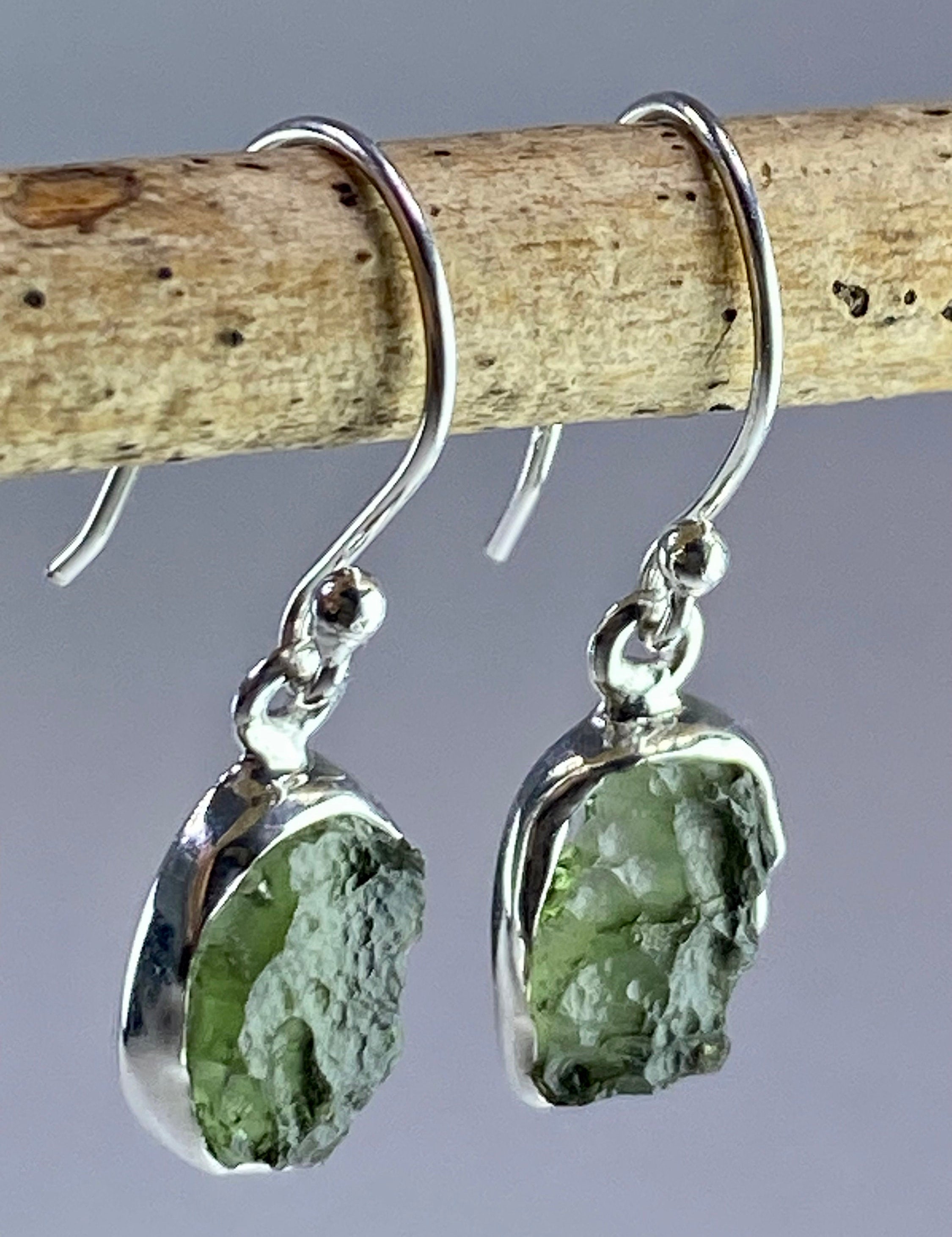 Natural Moldavite and Silver Dangle Earrings (UV11)