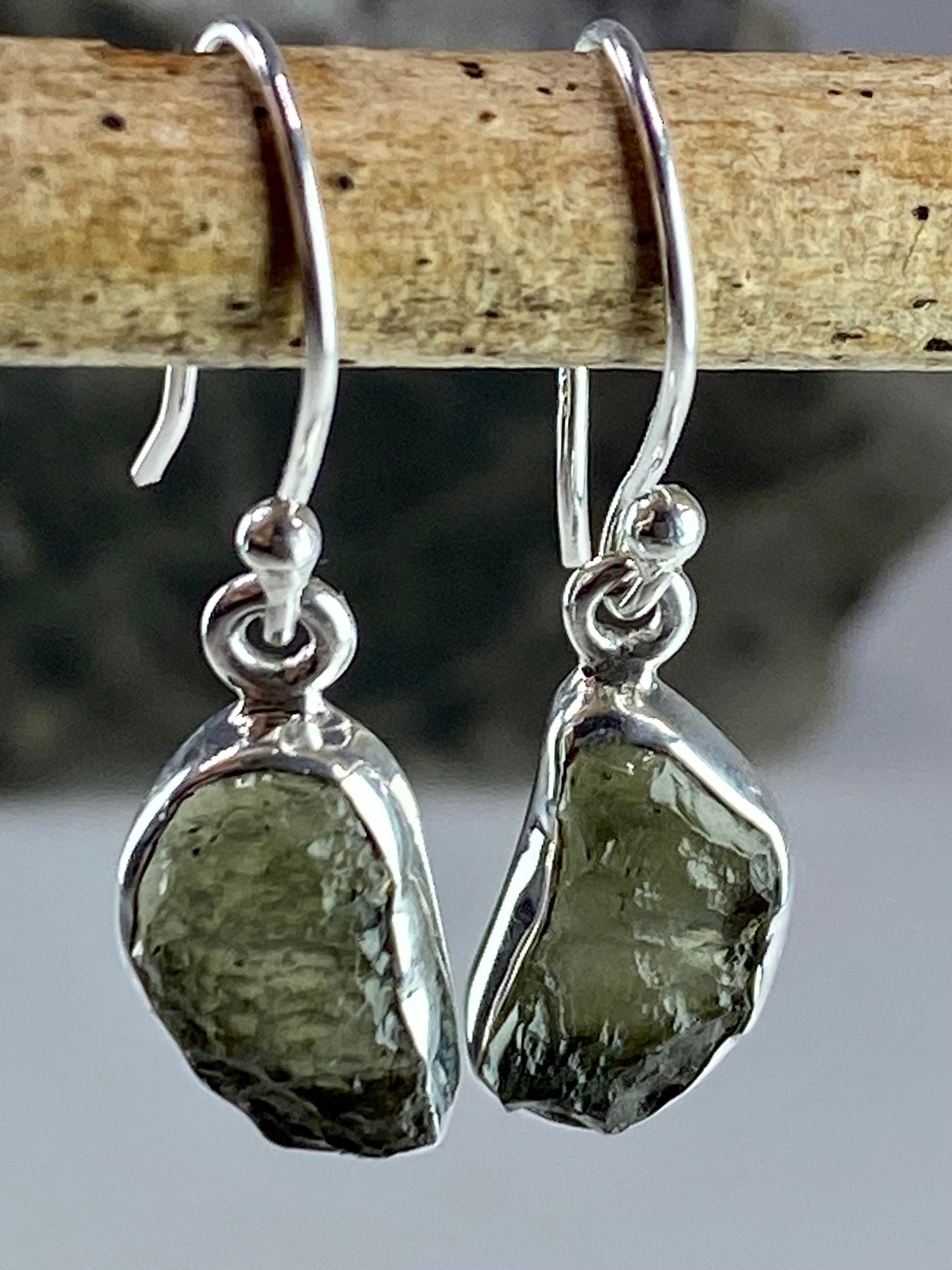 Natural Moldavite and Silver Dangle Earrings (UV8)