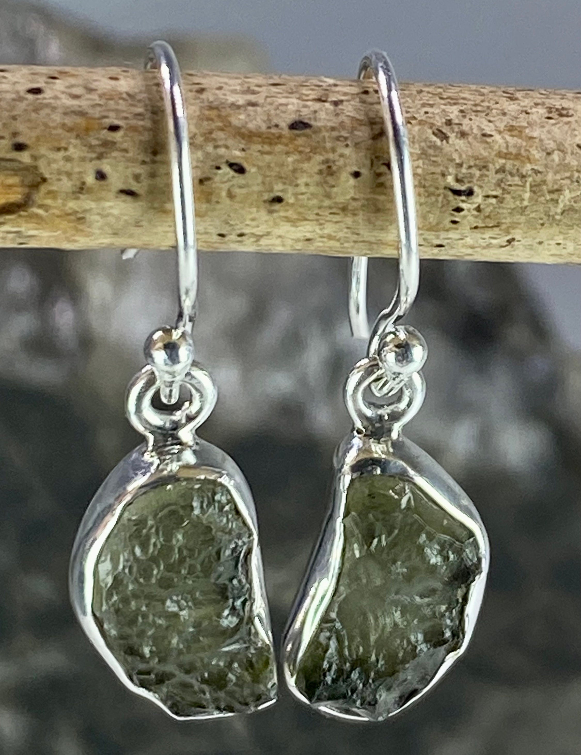 Natural Moldavite and Silver Dangle Earrings (UV8)