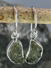 Natural Moldavite and Silver Dangle Earrings (UV8)