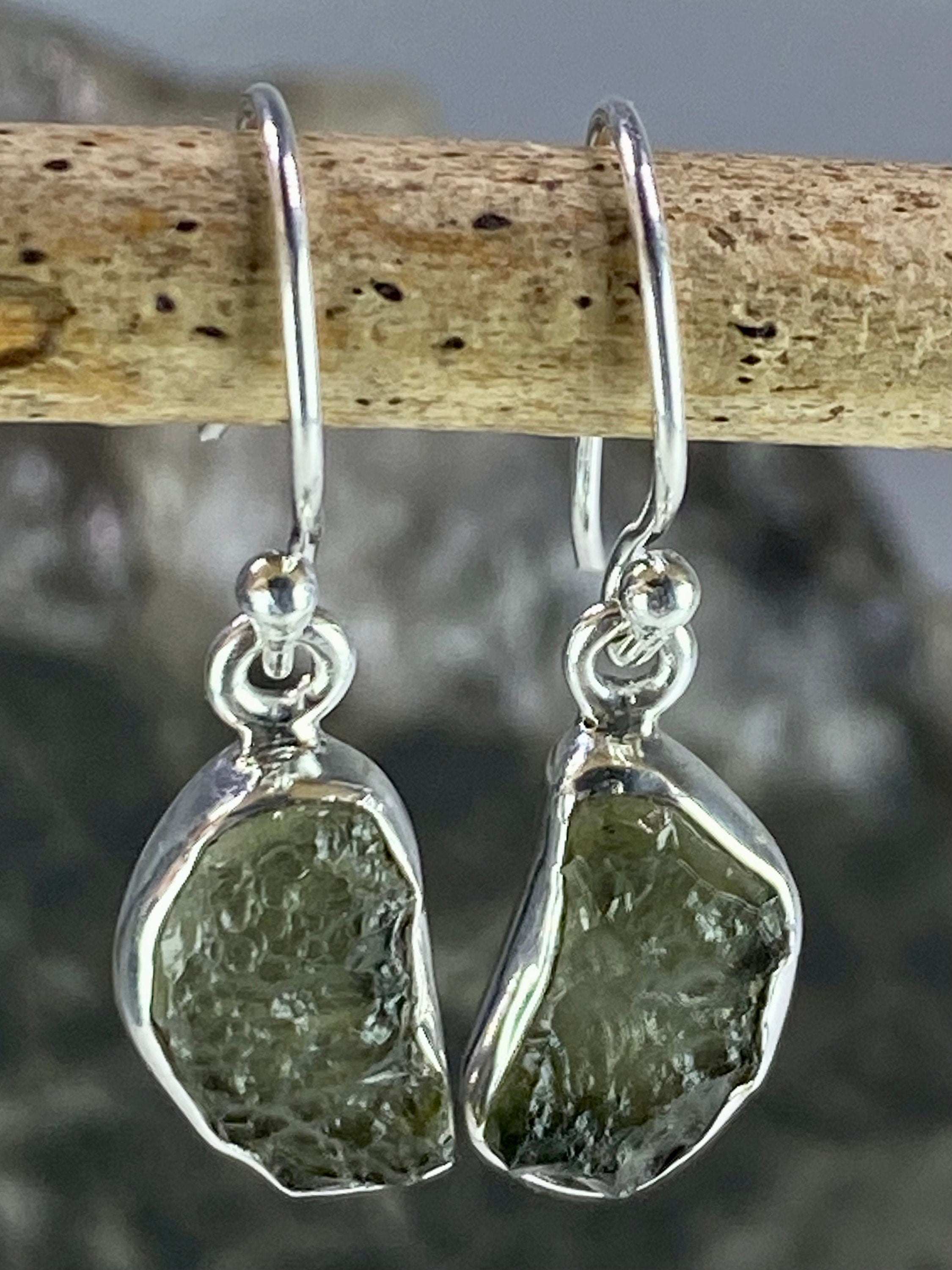 Natural Moldavite and Silver Dangle Earrings (UV8)