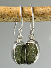 Natural Moldavite and Silver Dangle Earrings (UV25)