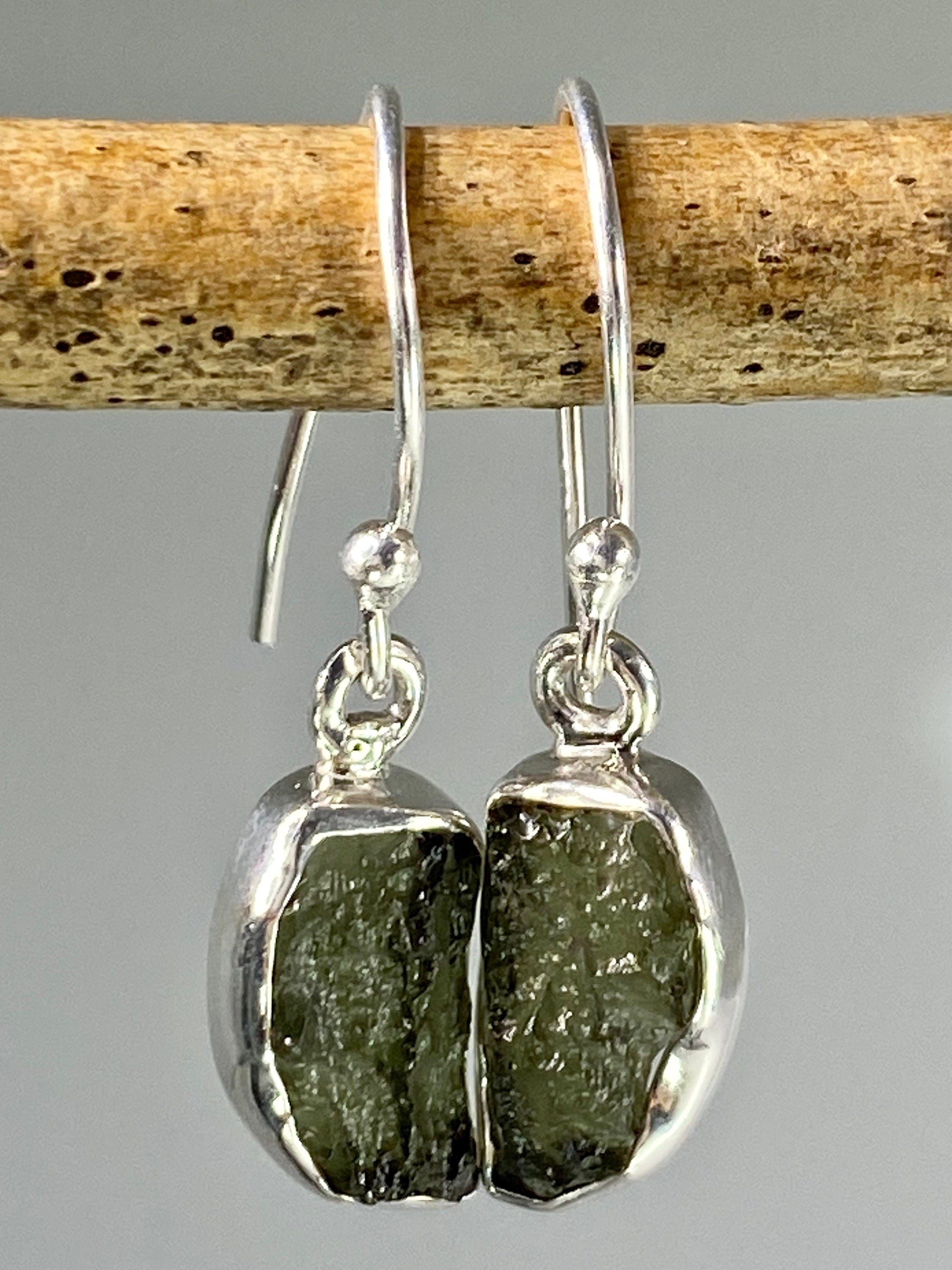 Natural Moldavite and Silver Dangle Earrings (UV25)