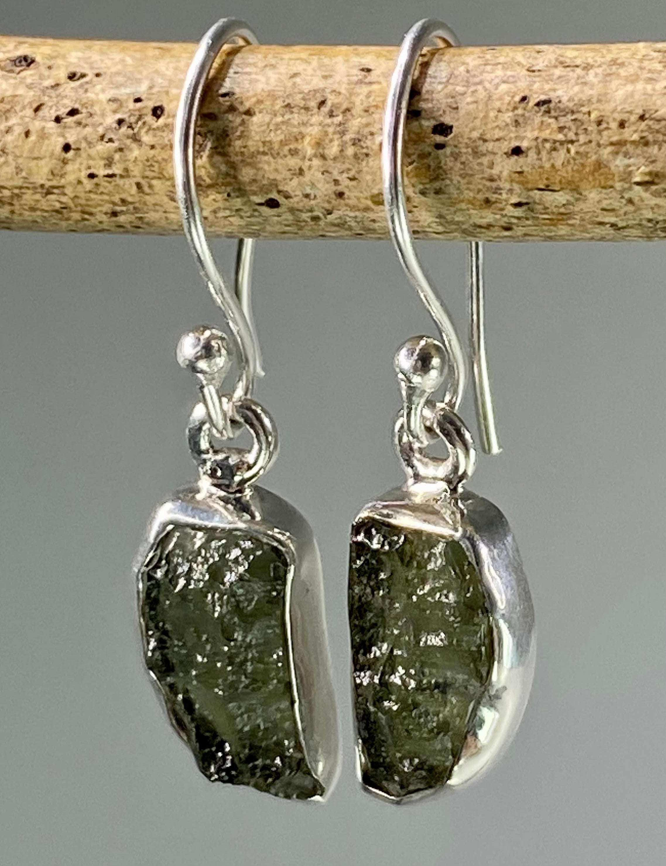 Natural Moldavite and Silver Dangle Earrings (UV25)