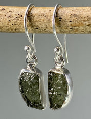 Natural Moldavite Dangle Earrings, Sterling Silver Uncut 14mm x 7mm, Handmade UK