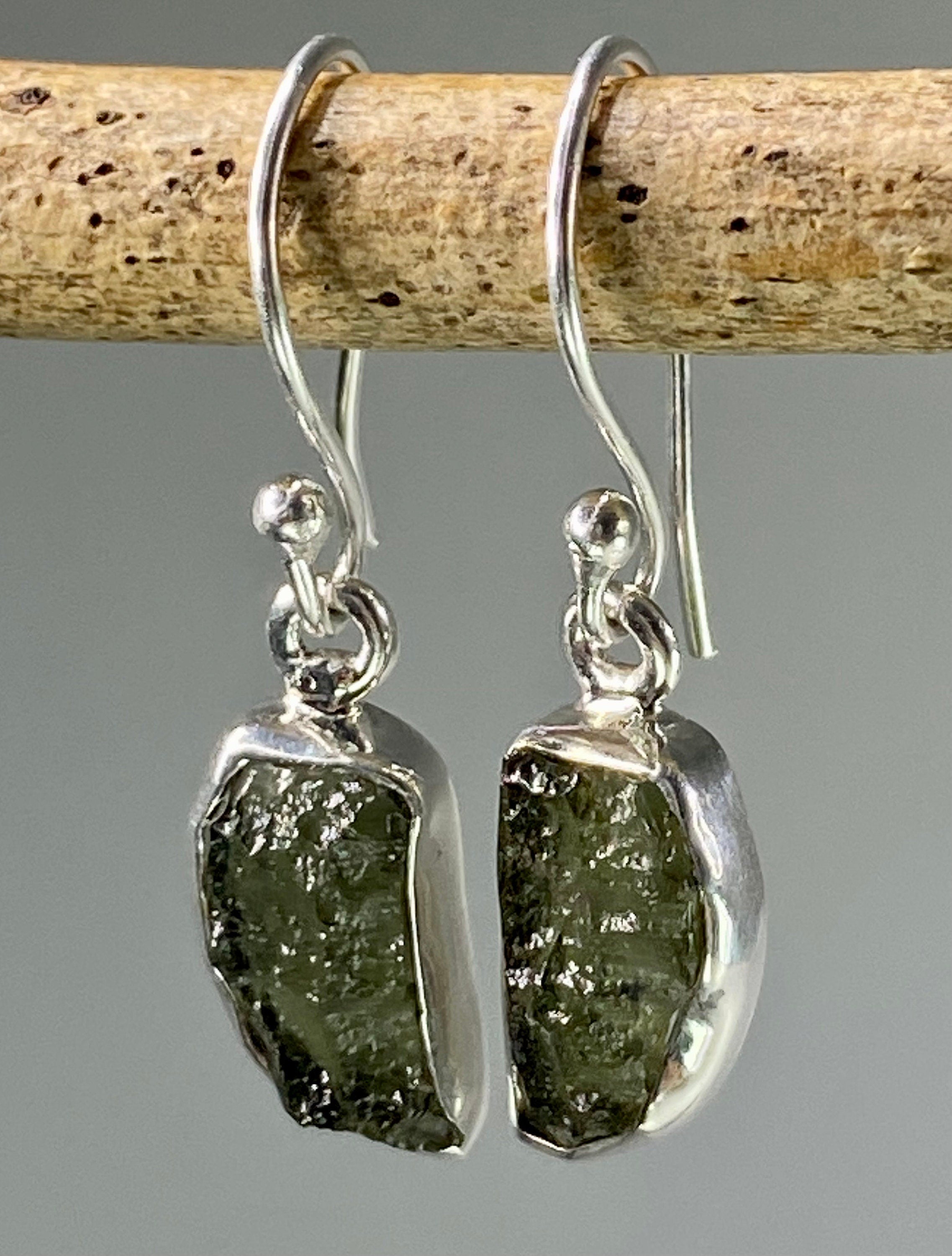 Natural Moldavite Dangle Earrings, Sterling Silver Uncut 14mm x 7mm, Handmade UK