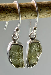 Natural Moldavite and Silver Dangle Earrings (UV25)