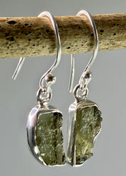 Natural Moldavite and Silver Dangle Earrings (UV25)