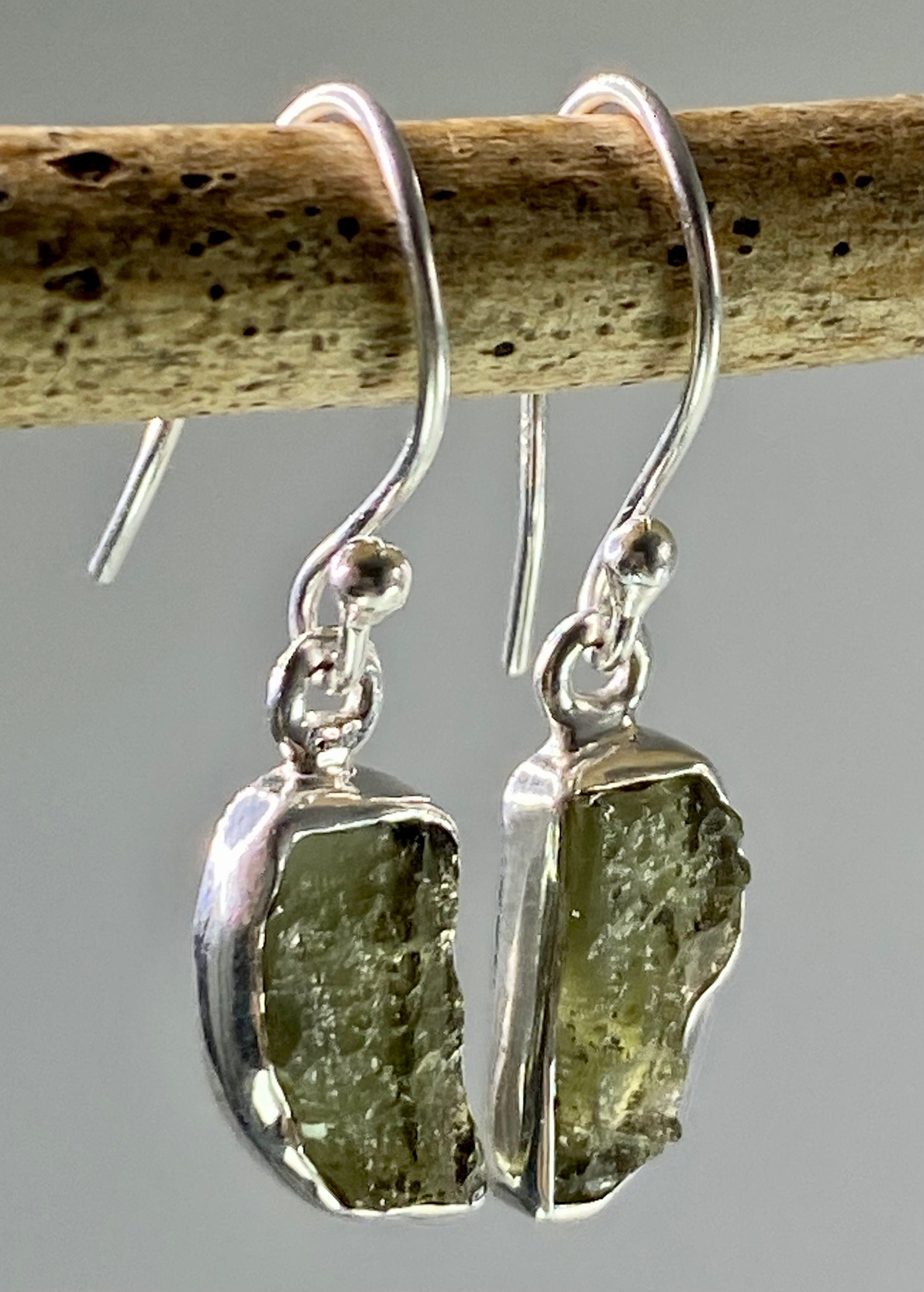 Natural Moldavite and Silver Dangle Earrings (UV25)