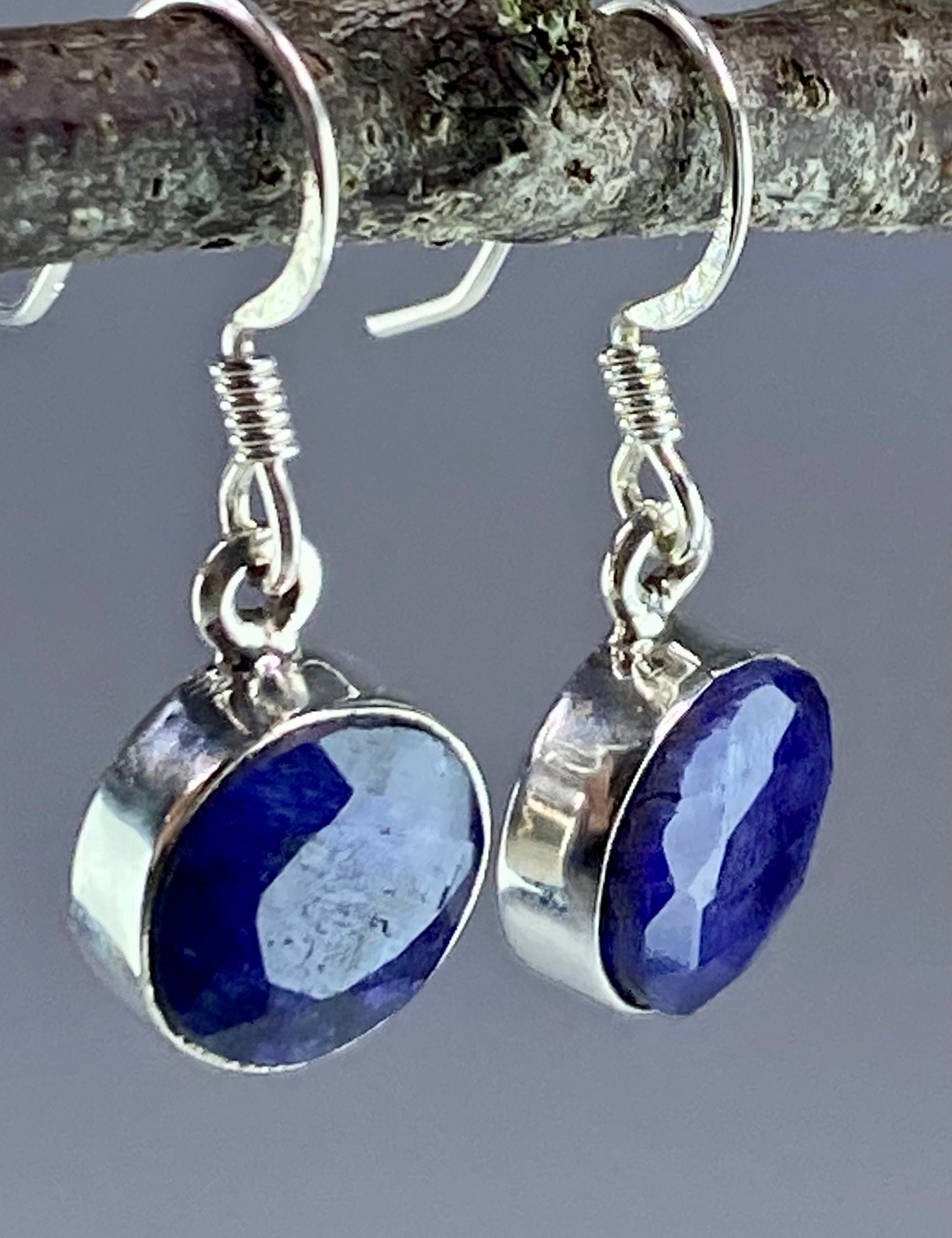 Raw Sapphire and Silver Dangle Earrings (M09)