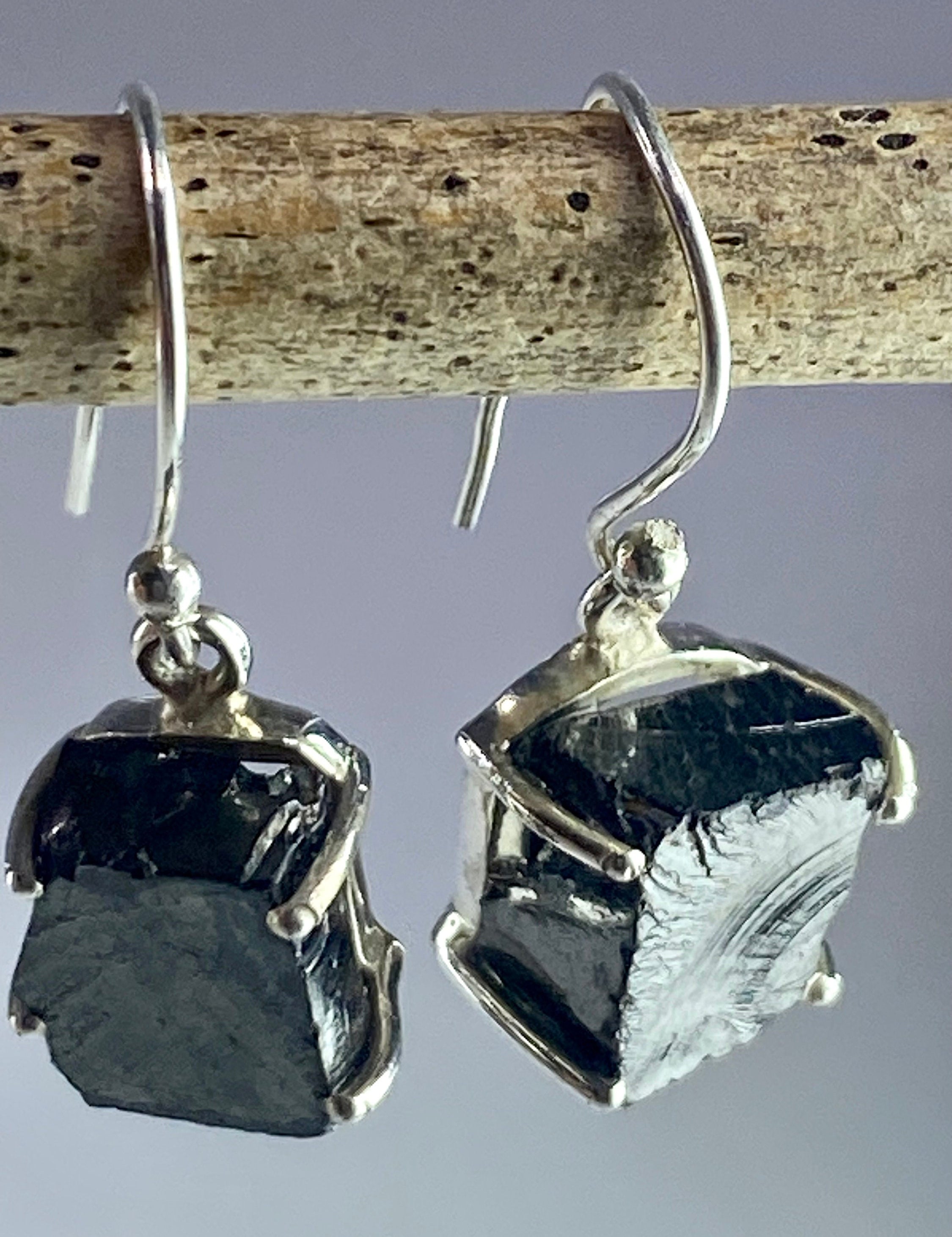 Shungite and Sterling Silver Dangle Earrings (UV2)