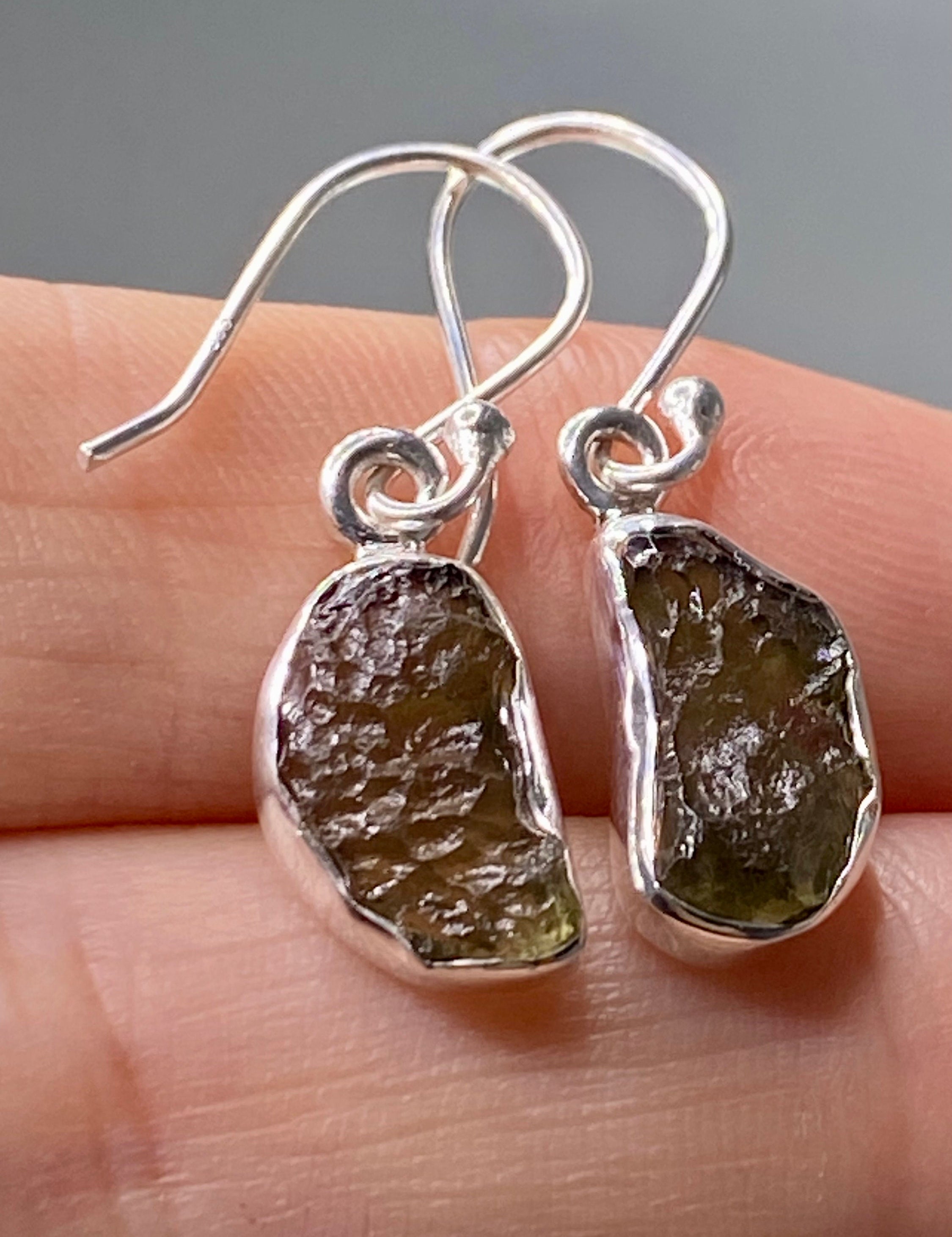 Natural Moldavite and Silver Dangle Earrings (UV8)