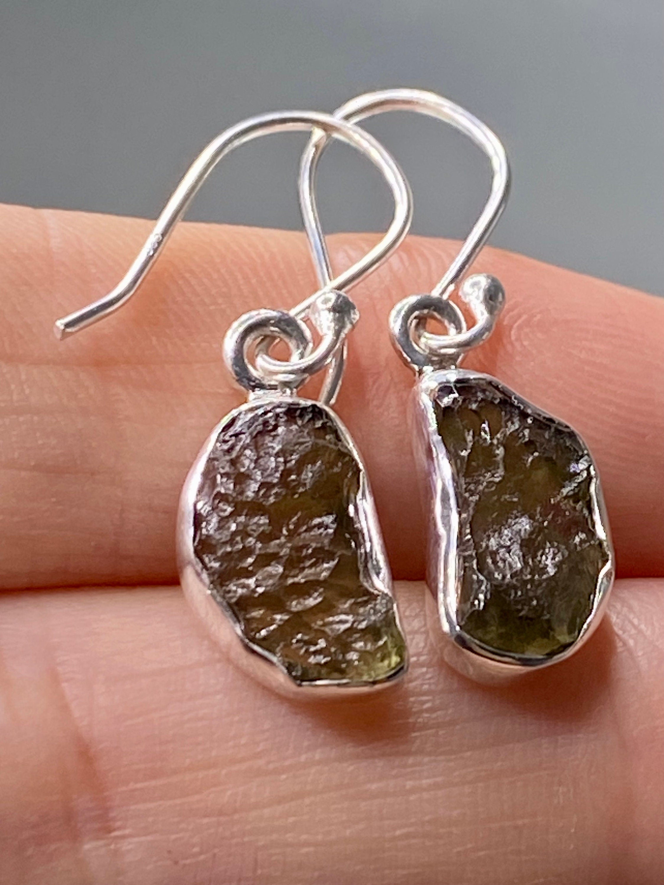Natural Moldavite Dangle Earrings, Sterling Silver Uncut 13mm x 8mm, Handmade UK gift