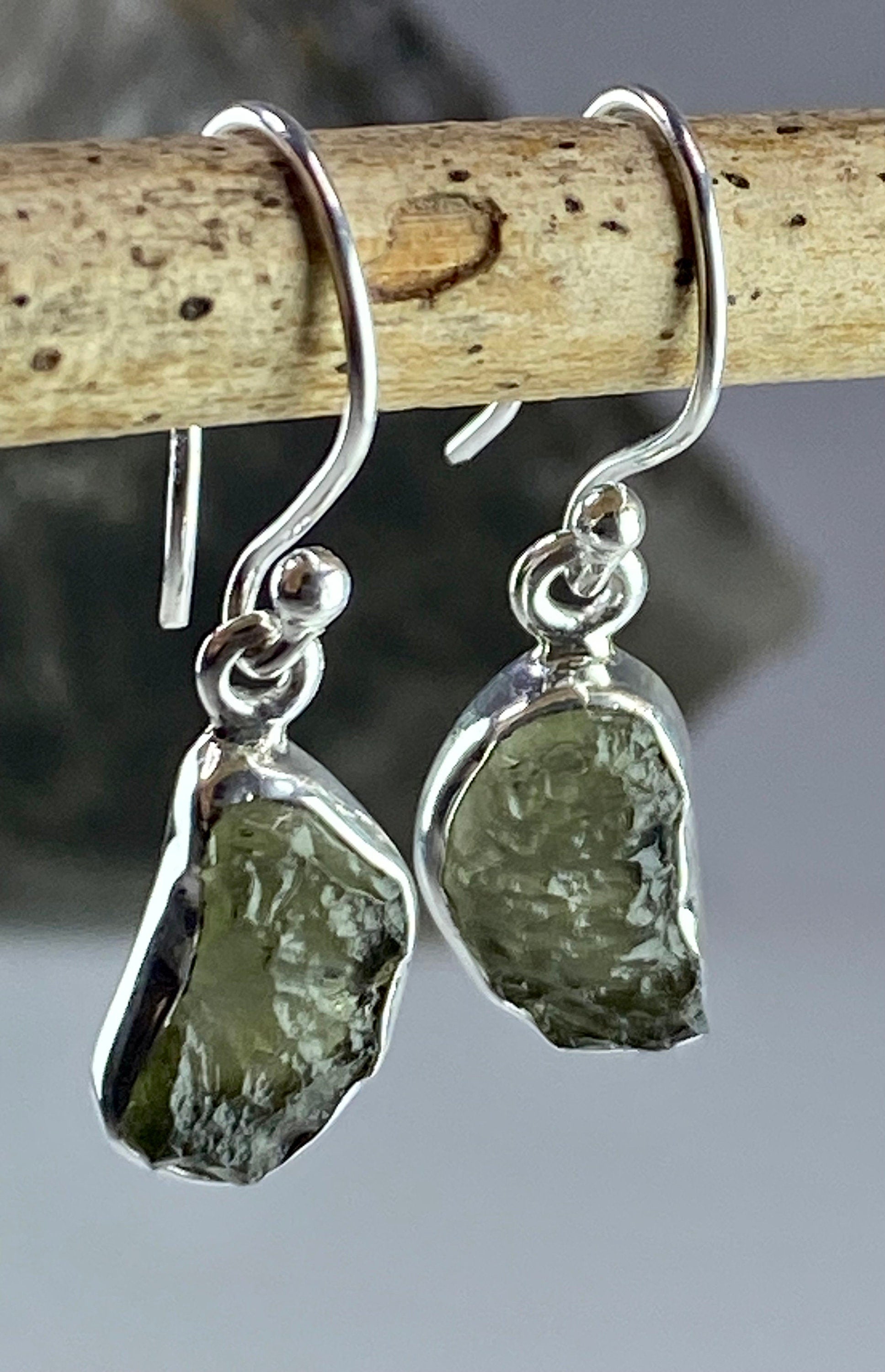 Natural Moldavite and Silver Dangle Earrings (UV8)